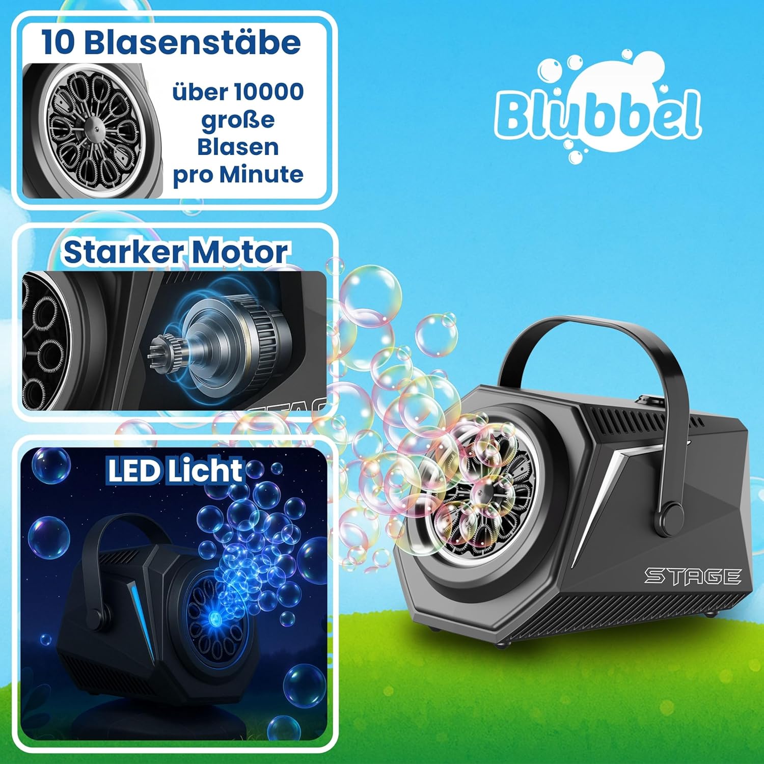 Detalle 2 de Blubbel LED Seifenblasenmaschine mit 1L Seifenblasenflüssigkeit – 10 Düsen, batteriebetrieben