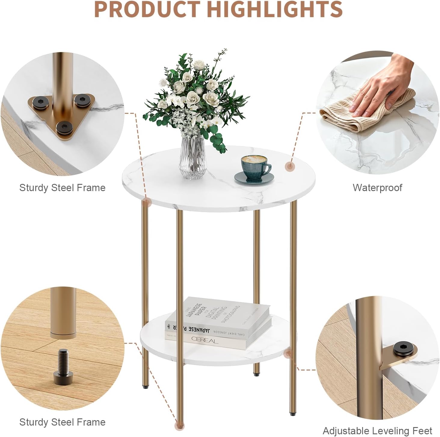 Thumbnail 6 de CAMOAT Two-Tier Side Table with Marble-Look Wood Top and Metal Frame