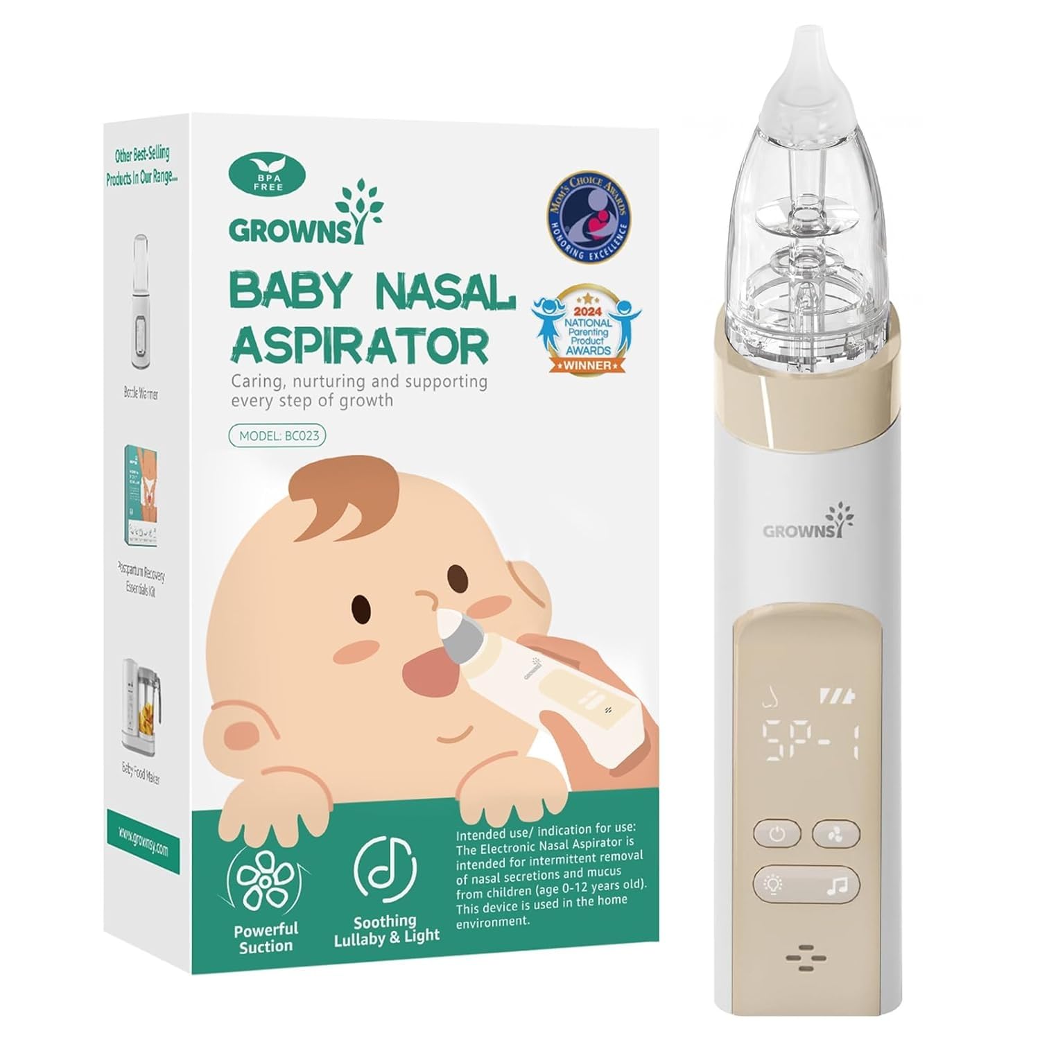GROWNSY Electric Nasal Aspirator for Baby (Rechargeable, Light & Music) – Beige