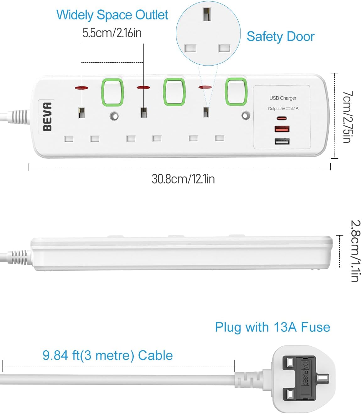Detalle 1 de 3M BEVA switched extension lead with USB-C