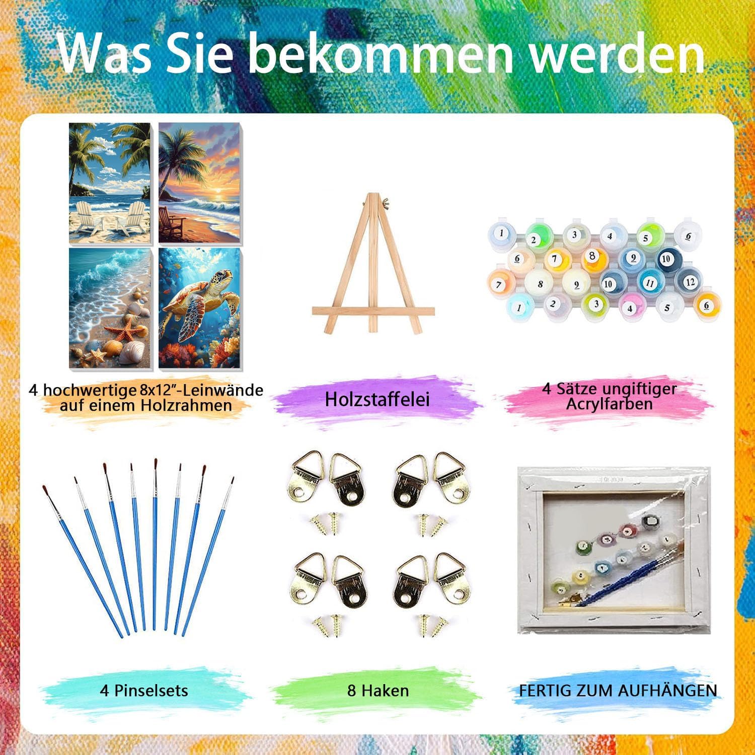 Detalle 2 de Pujeknm 4 Stück Malen nach Zahlen Erwachsene mit Rahmen – 20x30 cm, Strand-Schildkröte, Holzstaffelei, DIY Acryl-Ölmalerei Set