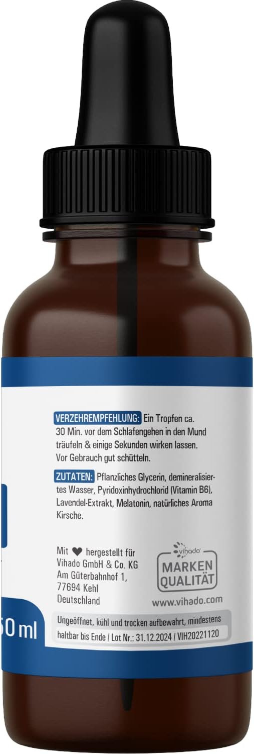 Detalle de Vihado Melatonin Tropfen 1000 Nächte Forte – hochdosiert, schnell einziehend, Kirschgeschmack, 50 ml