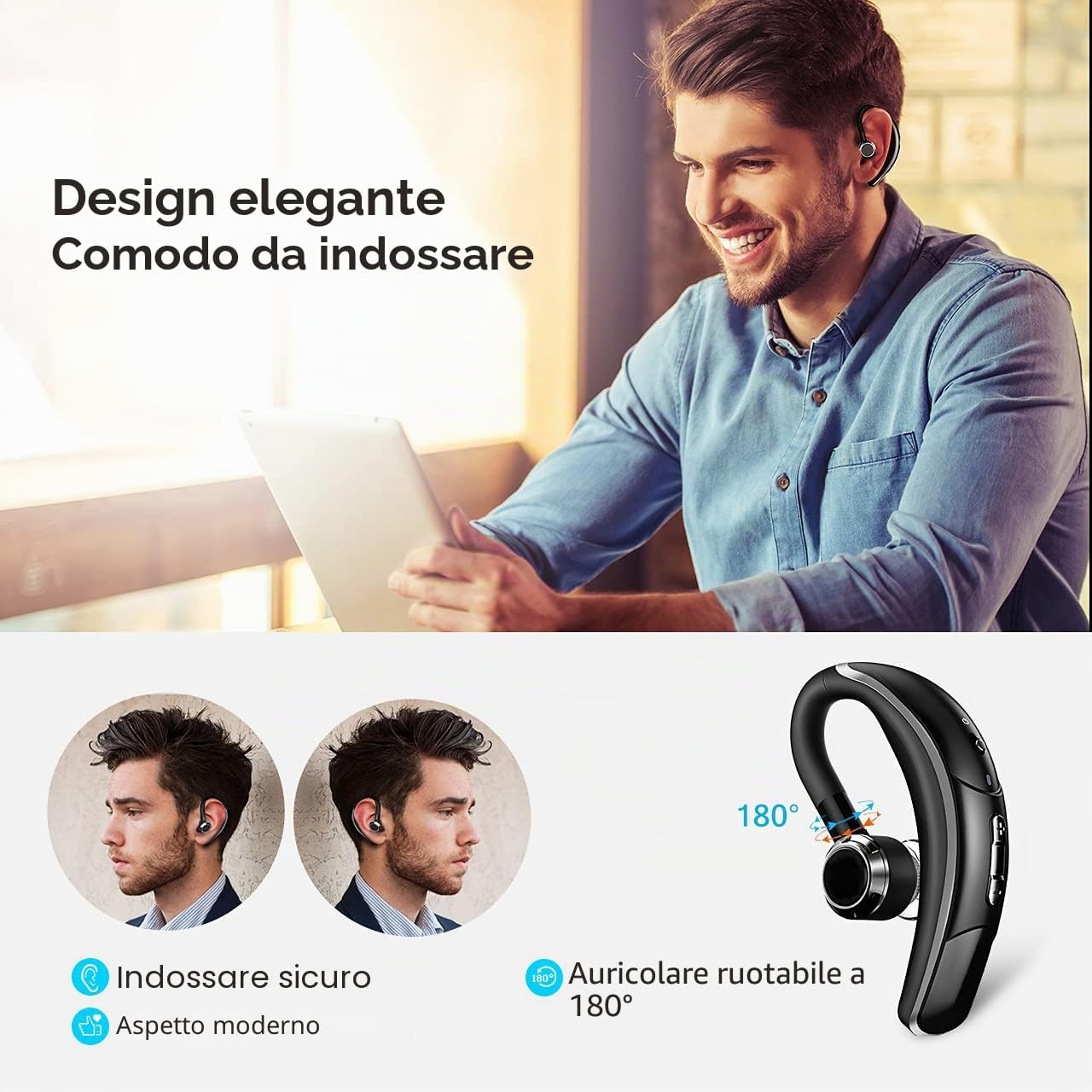 Thumbnail 2 de COSMUSIS Cuffie Bluetooth singola CVC 6.0 con cancellazione rumore e microfono, vivavoce business