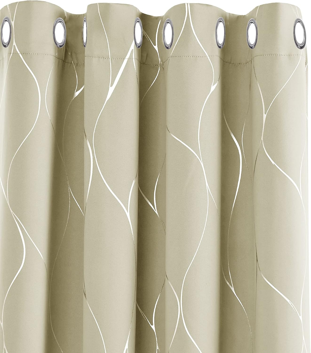 Detalle de Deconovo Silver Wave Foil Printed Blackout Curtains, 66x72 Inch, Beige, One Pair