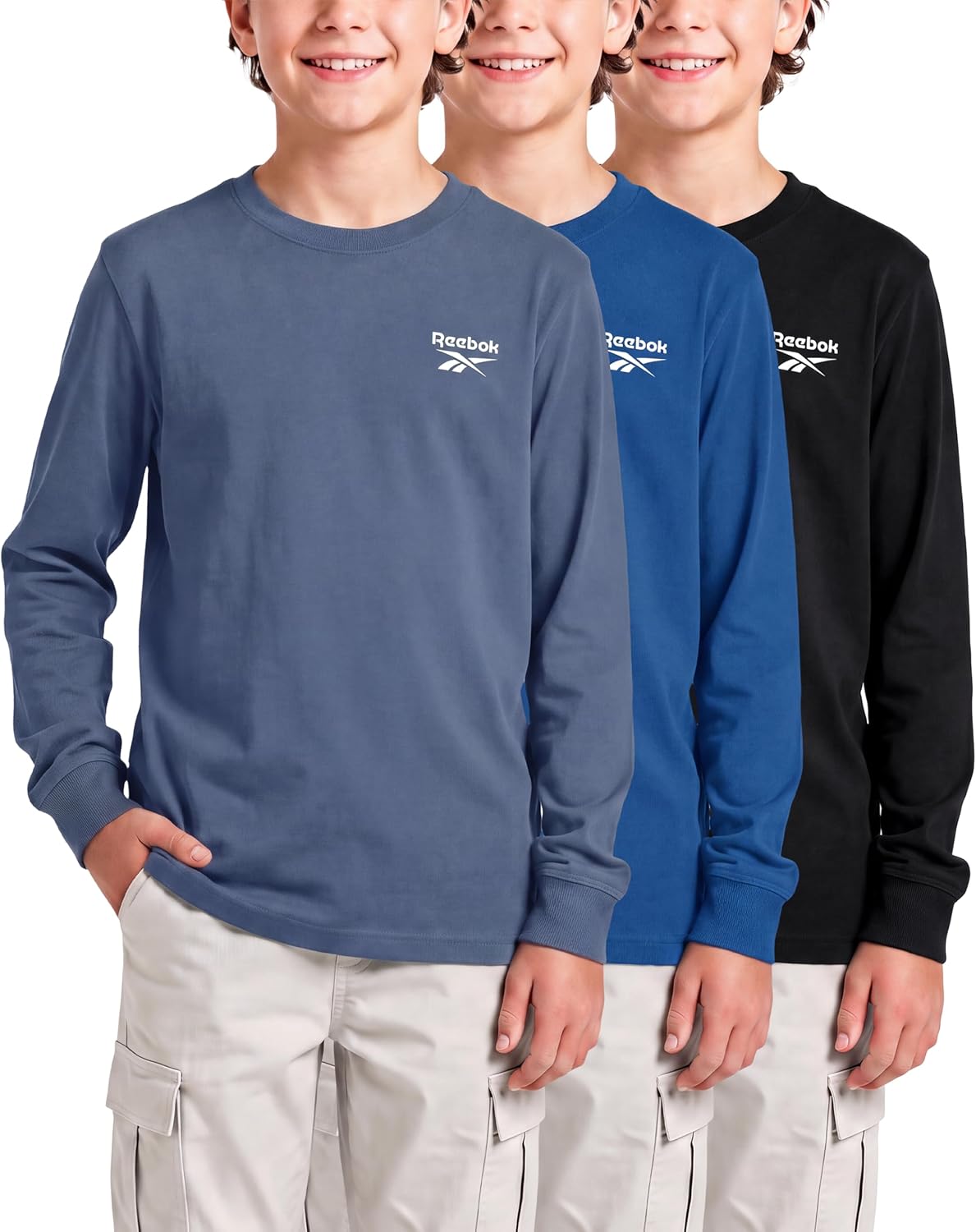 Detalle de Reebok Boys' Long-Sleeve Shirts, 3-Pack