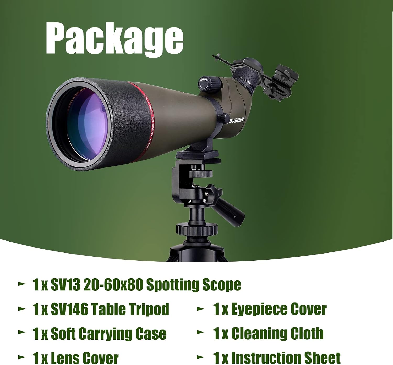 Thumbnail 6 de Svbony SV13 20-60x80 con treppiede da tavolo e adattatore per smartphone (IPX7) per birdwatching