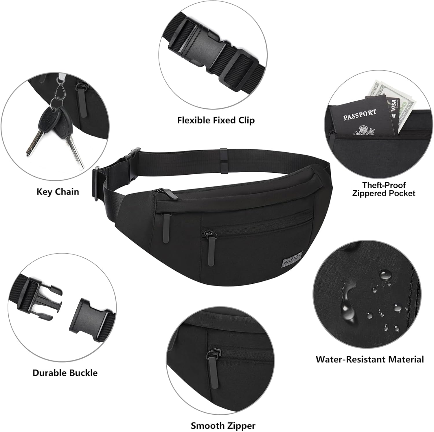 Thumbnail 3 de MAXTOP Black Bumbag Waist Pack – 4-Zipper Travel Belt Bag for Outdoors and Fitness
