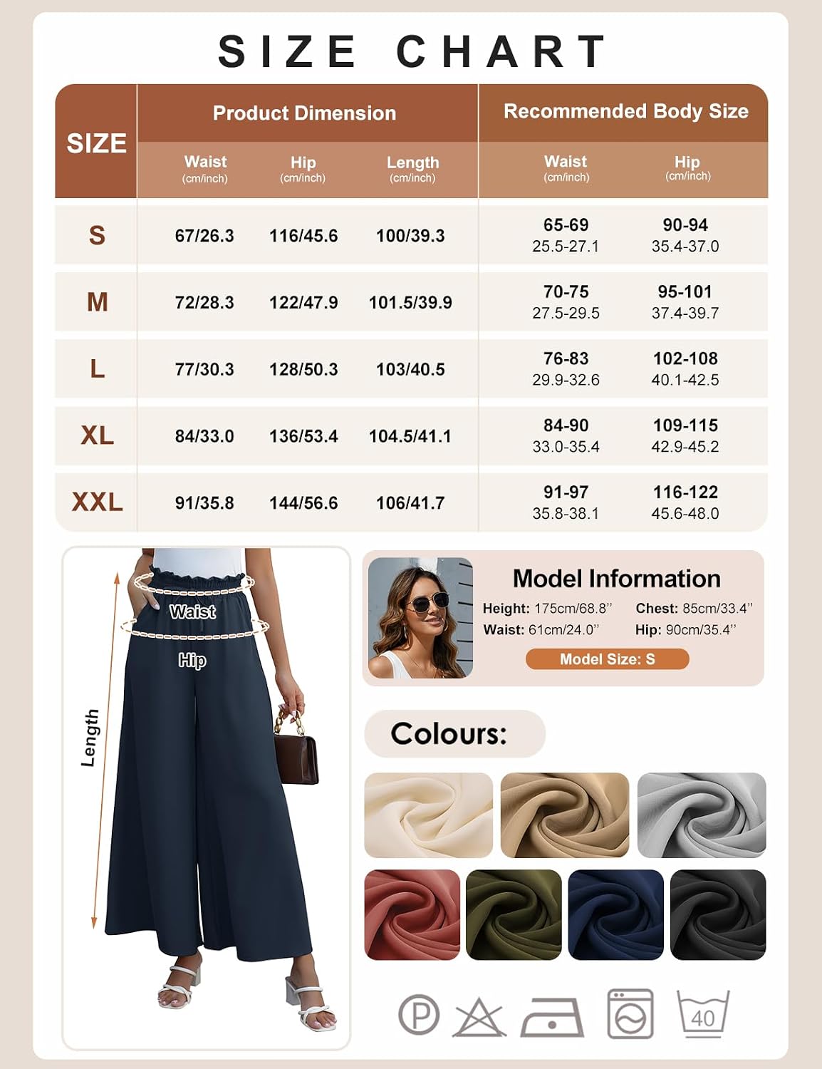 Detalle de CMTOP Pantalon femme fluide d’été à taille haute élastique, jambes larges et poches
