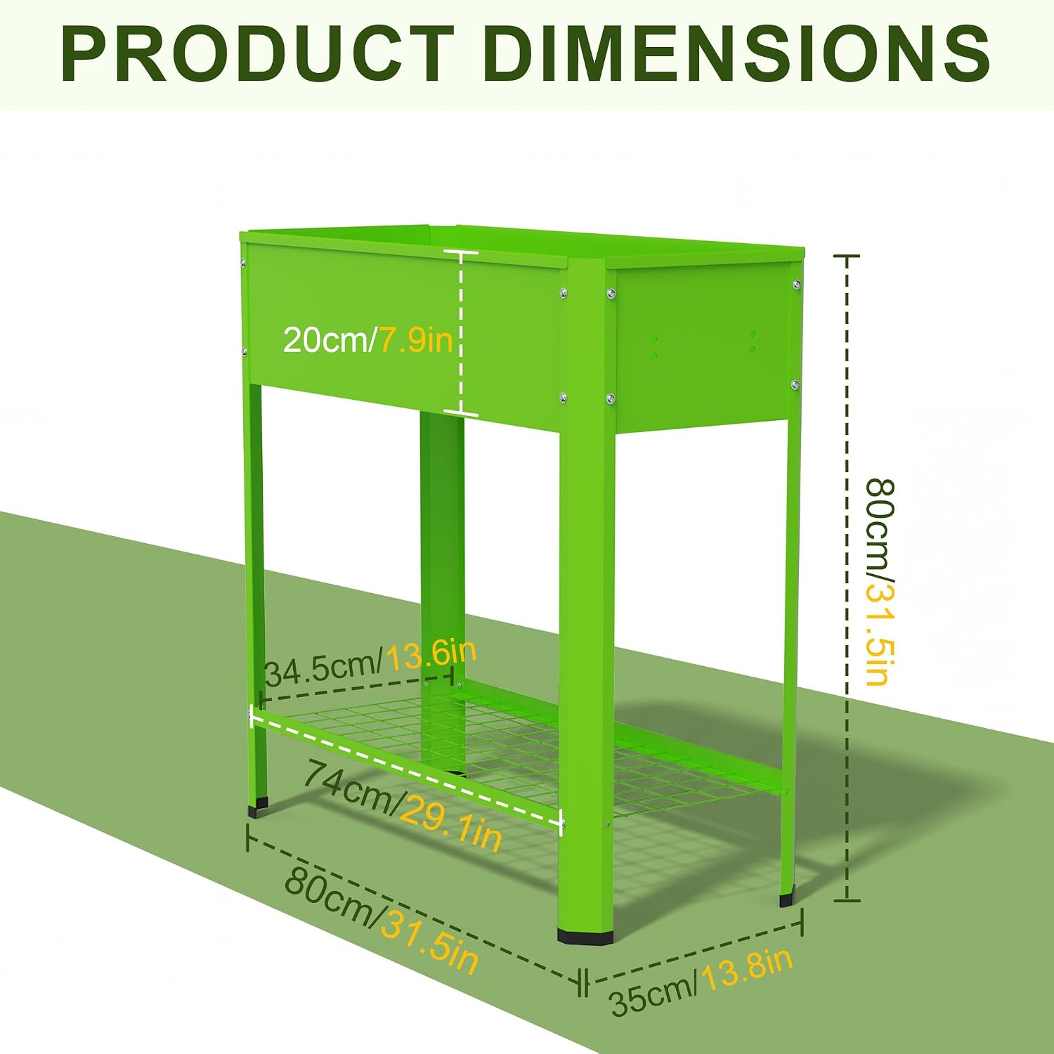 Detalle 2 de UISEBRT Raised Bed with Shelf, Green Metal Planter, 80 x 35 x 80 cm