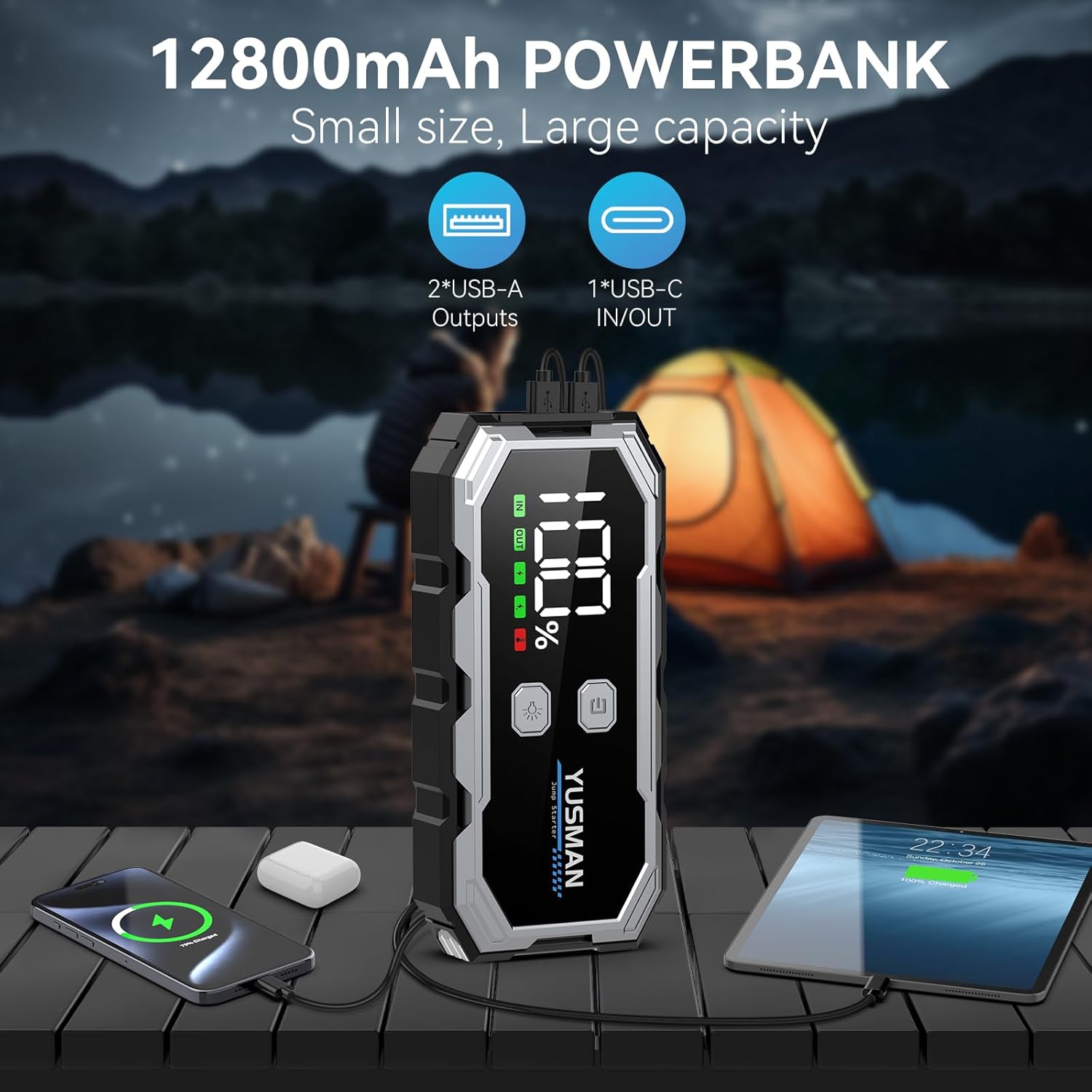 Thumbnail 3 de YUSMAN Jump Starter Power Pack 12V, 5000A Portable Battery Booster (Gas 7.0L / Diesel 5.0L) with Smart Cables & 3-Mode Lights