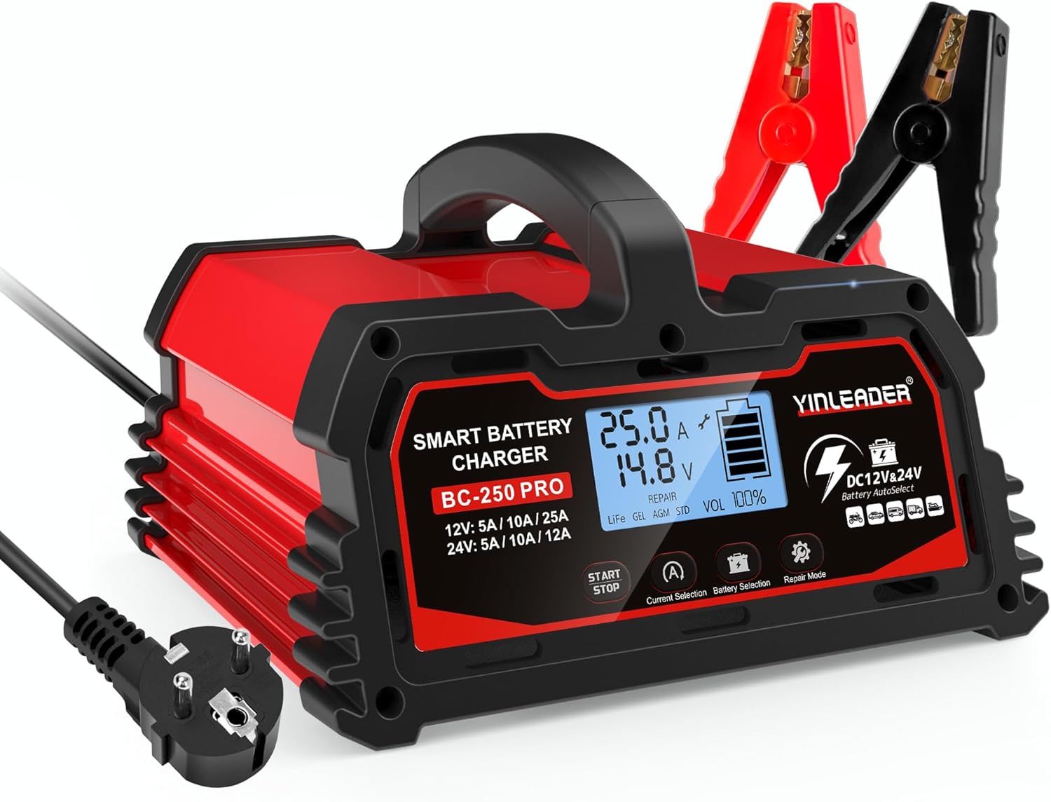 Detalle de Yinleader Autobatterie Ladegerät 25A 12V/24V – intelligentes Erhaltungsladegerät mit LCD