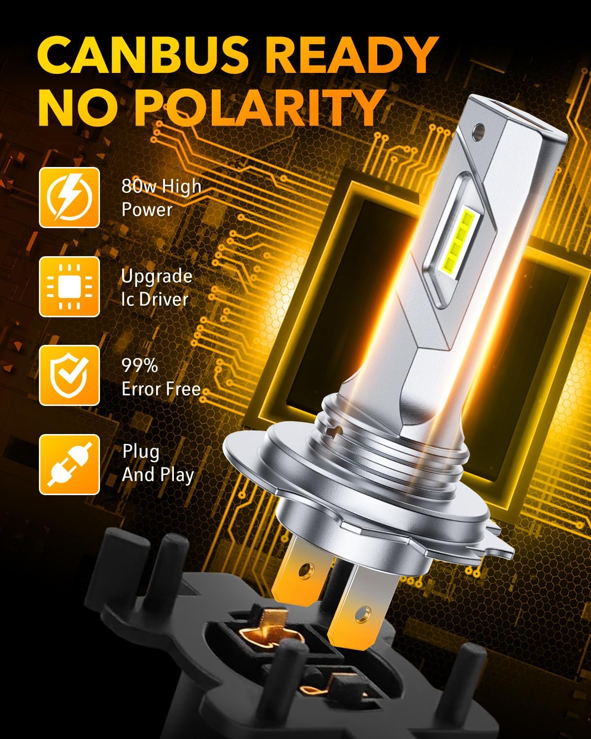 Detalle de OXILAM H7 LED Headlight Bulb — 32000LM, 6500K Cool White, 1:1 Mini Design, 3-Min Plug & Play, IP68, Pack of 2