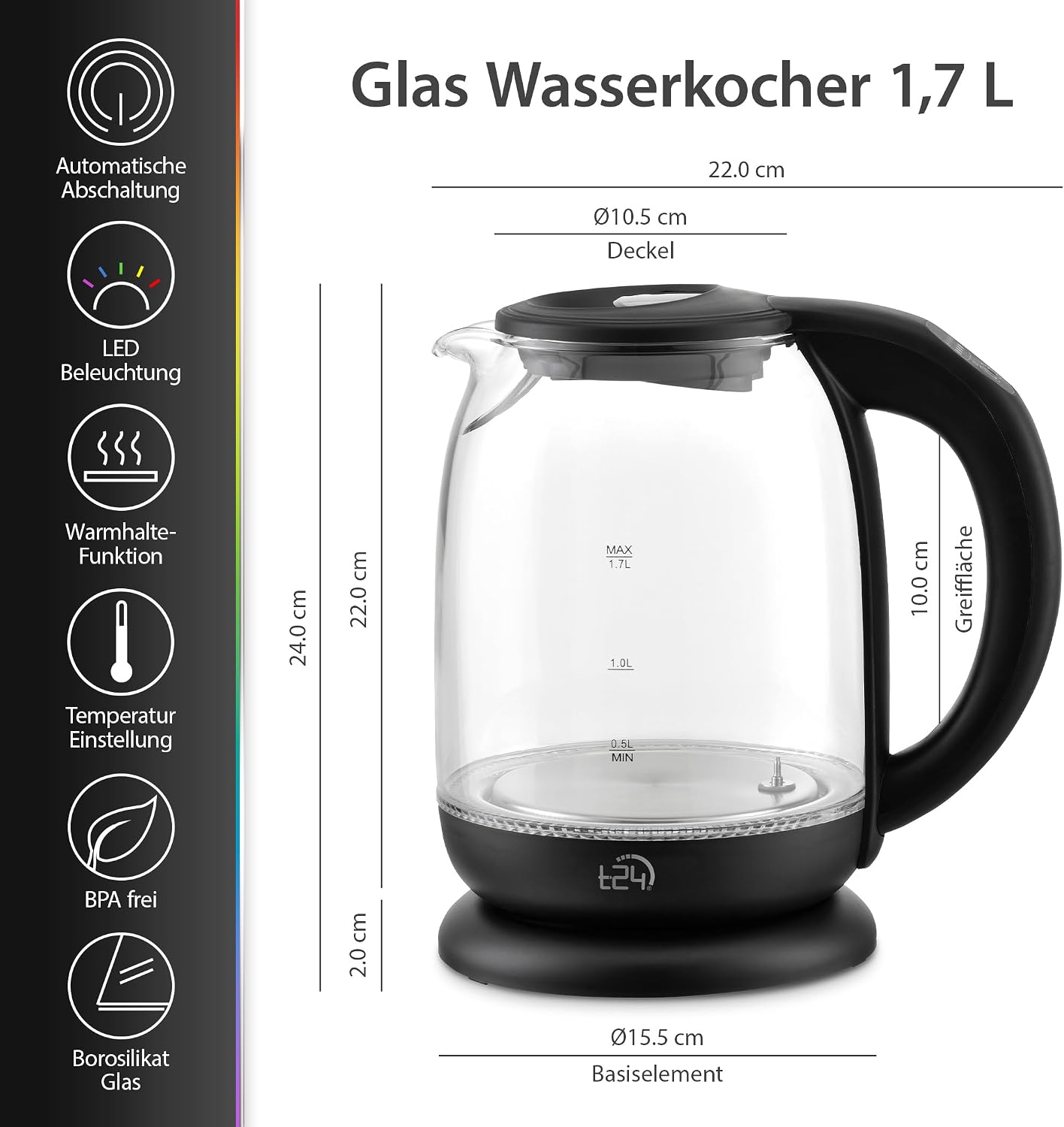 Detalle de T24 Wasserkocher Glas 1,7 L mit Temperatureinstellung
