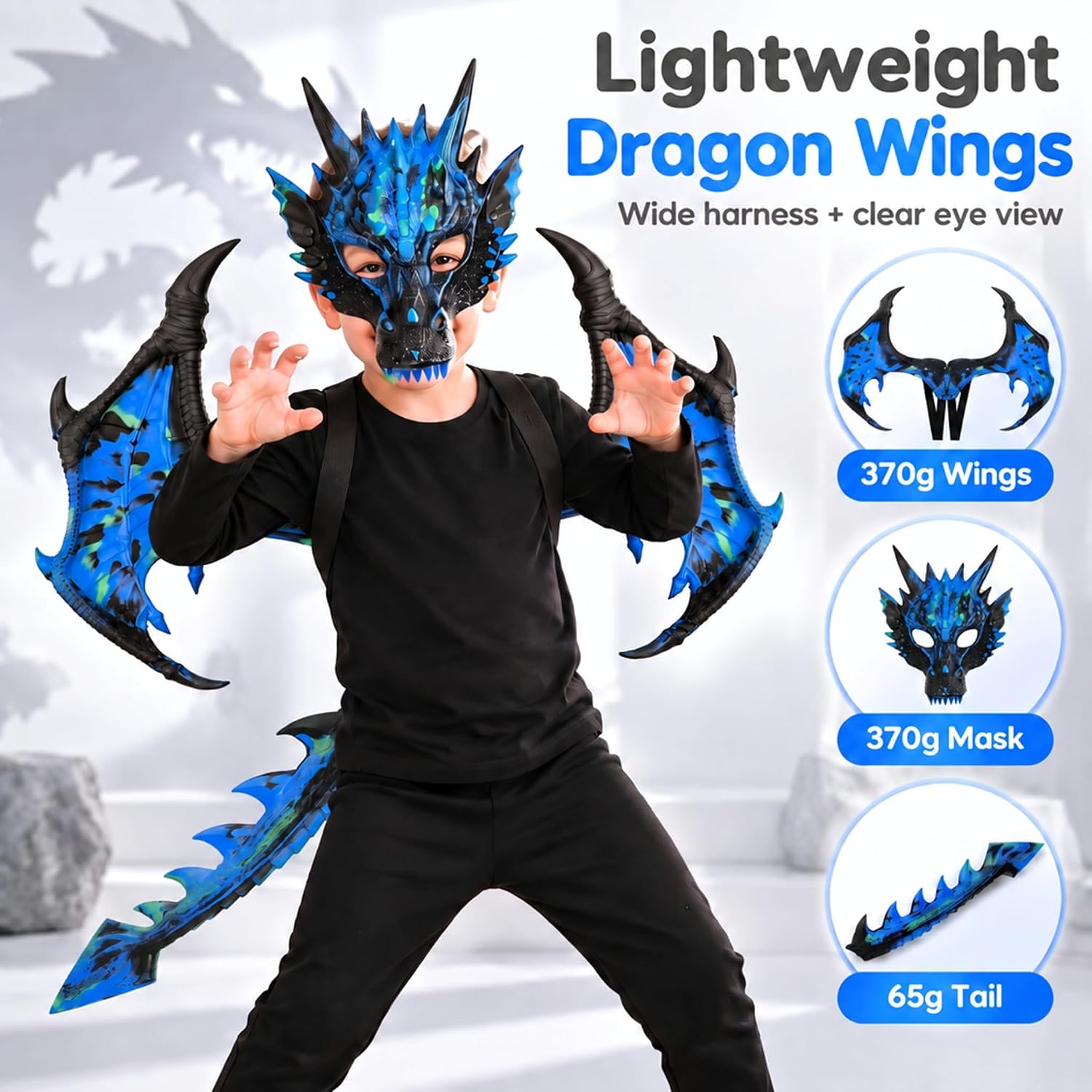Detalle 1 de CRTEPST Dragon Costume for Kids, Sparkle Blue Mask, Wings & Tail