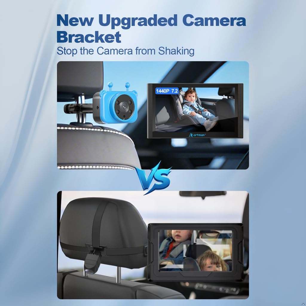 Detalle 2 de Baby Kamera Auto für 2 Kinder – 7,2 Zoll Split-Screen Doppelkamera HD 1440P, 360° Drehbar, IR-Nachtsicht