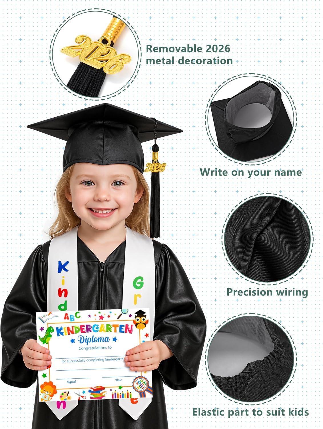 Detalle de QZYL Kindergarten Graduation Gown and Cap Set with Tassel, Stole, and Certificate