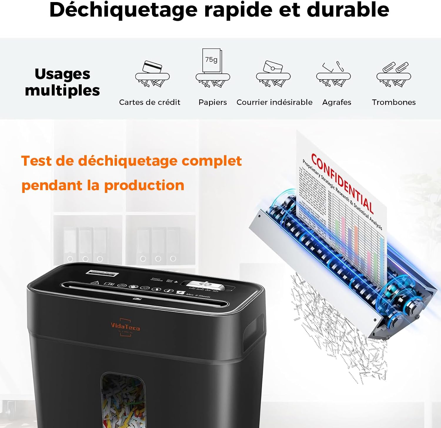 Detalle 2 de Destructeur de Documents Papier P-4 – Détruit 6 feuilles, cartes de crédit et trombones, bac 11,5 L