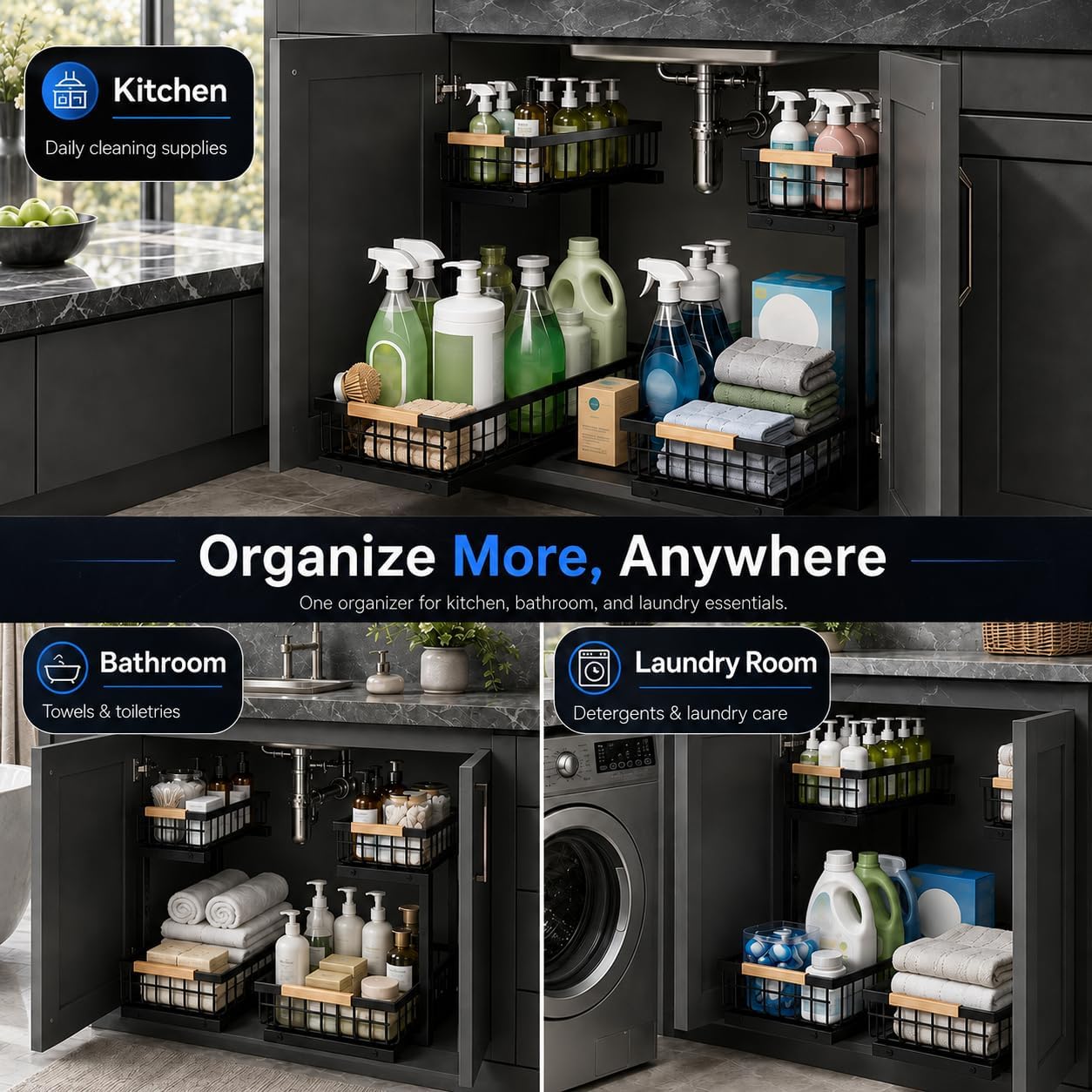 Detalle 2 de GeeBom Under Sink Organizer: 2-Tier Pull-Out Shelf (2-Pack) in Black