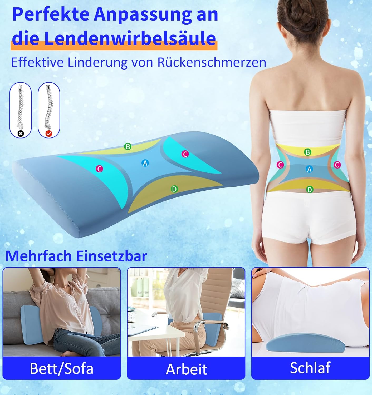 Detalle 2 de Hypuno orthopädisches Lendenkissen mit Memory-Schaum für Bett & Sofa – kühlender, abnehmbarer Bezug