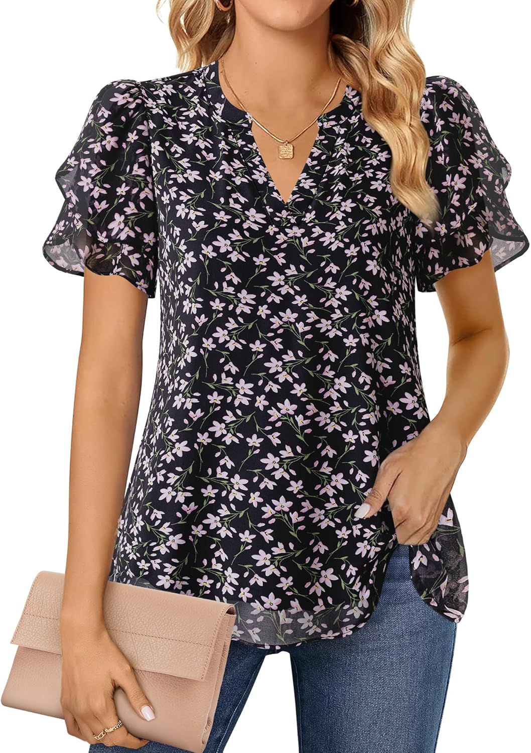 Thumbnail 1 de Lotusmile Women's Dressy Chiffon Blouses: Summer Puff Petal Short Sleeve V-Neck Top
