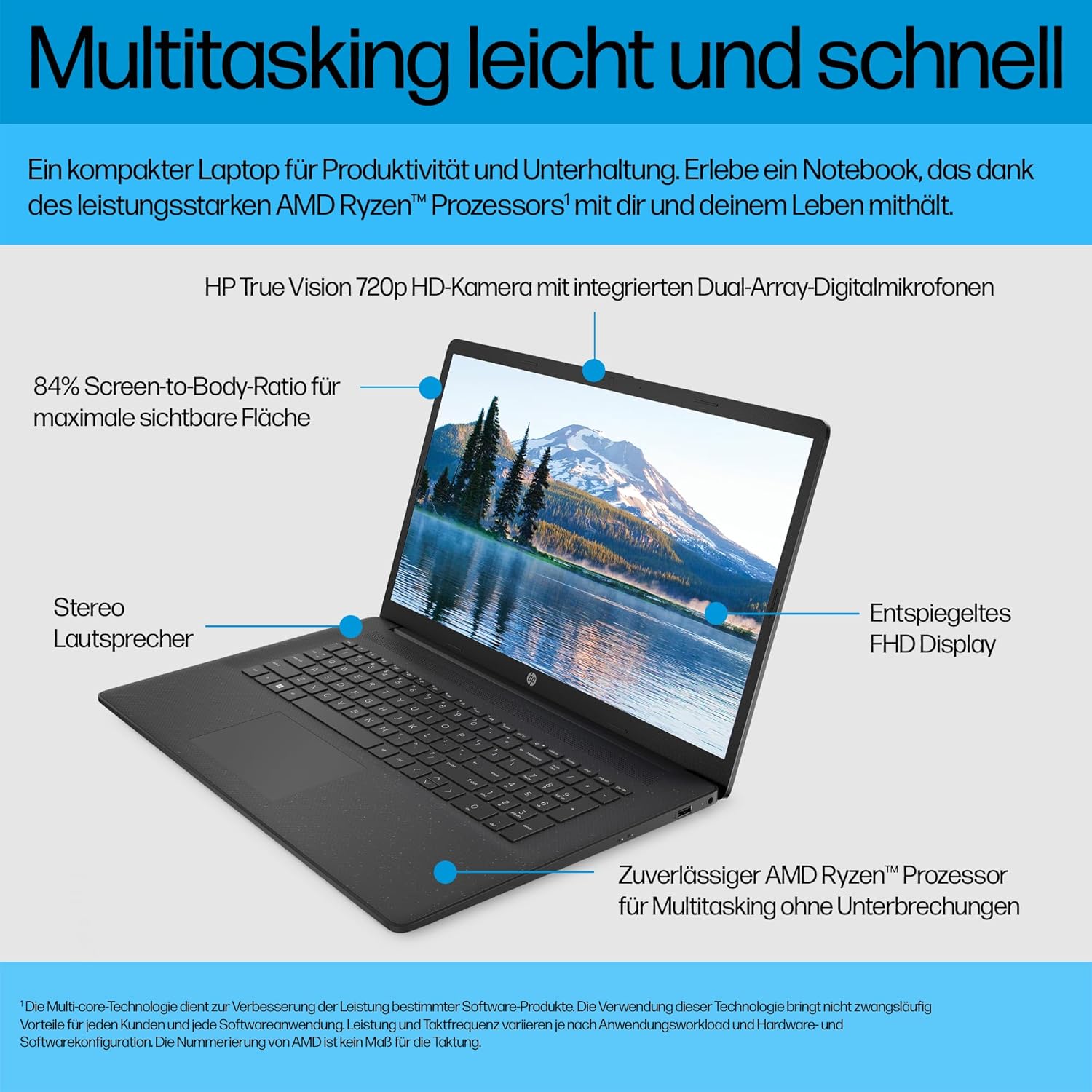 Thumbnail 4 de HP Laptop mit 17,3" FHD-Display, Ryzen 5 7520U, 8 GB DDR5, 512 GB SSD und Windows 11 (QWERTZ) – Schwarz inkl. 25 GB Dropbox