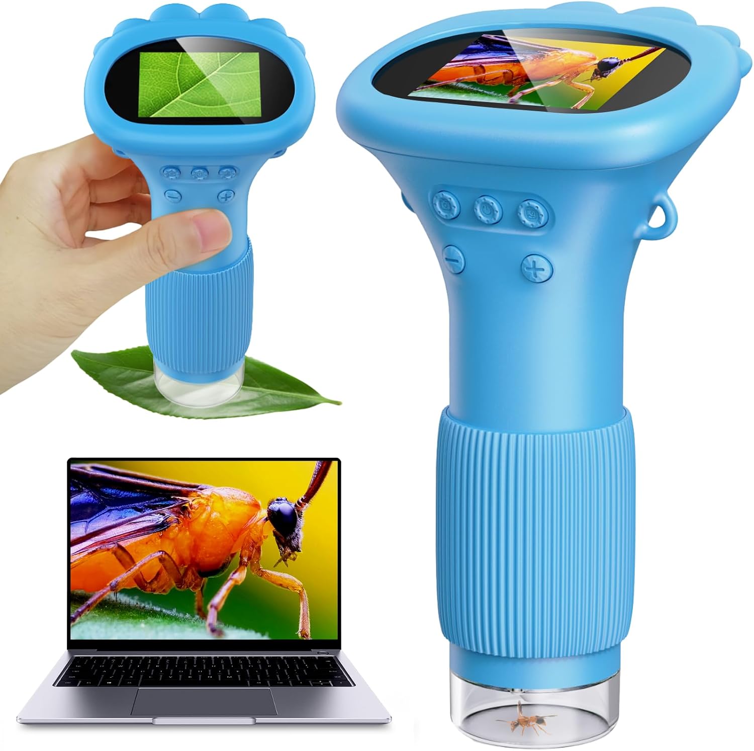 Detalle de Kids Microscope (2.0'' IPS Screen) Portable Handheld with 8 LED Lights and Photo Storage, Blue