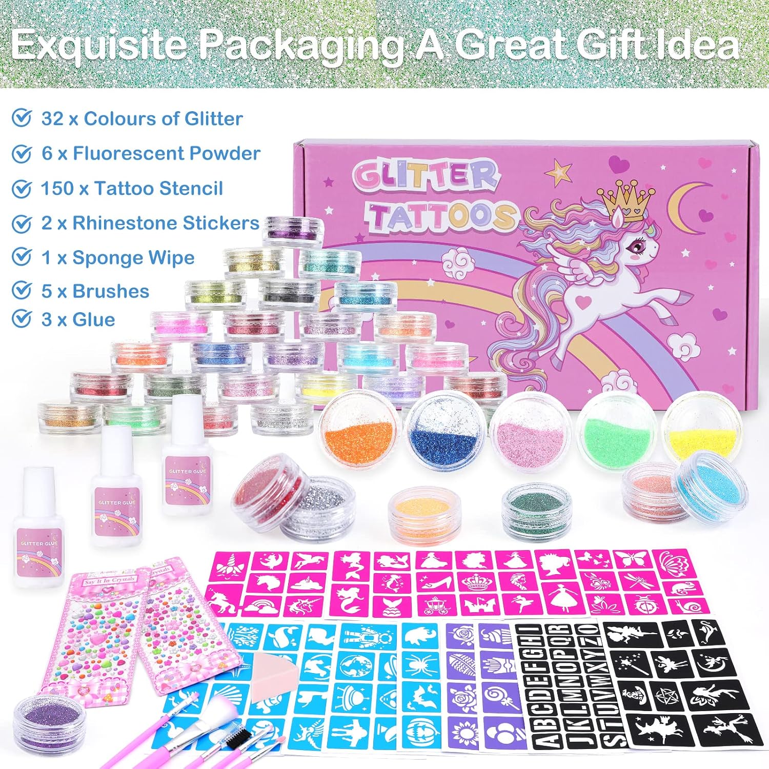Thumbnail 1 de Highttoy Glitzer Tattoo Set für Mädchen – 38 Farben, 150 Schablonen, 5 Pinsel und 3 Kleber