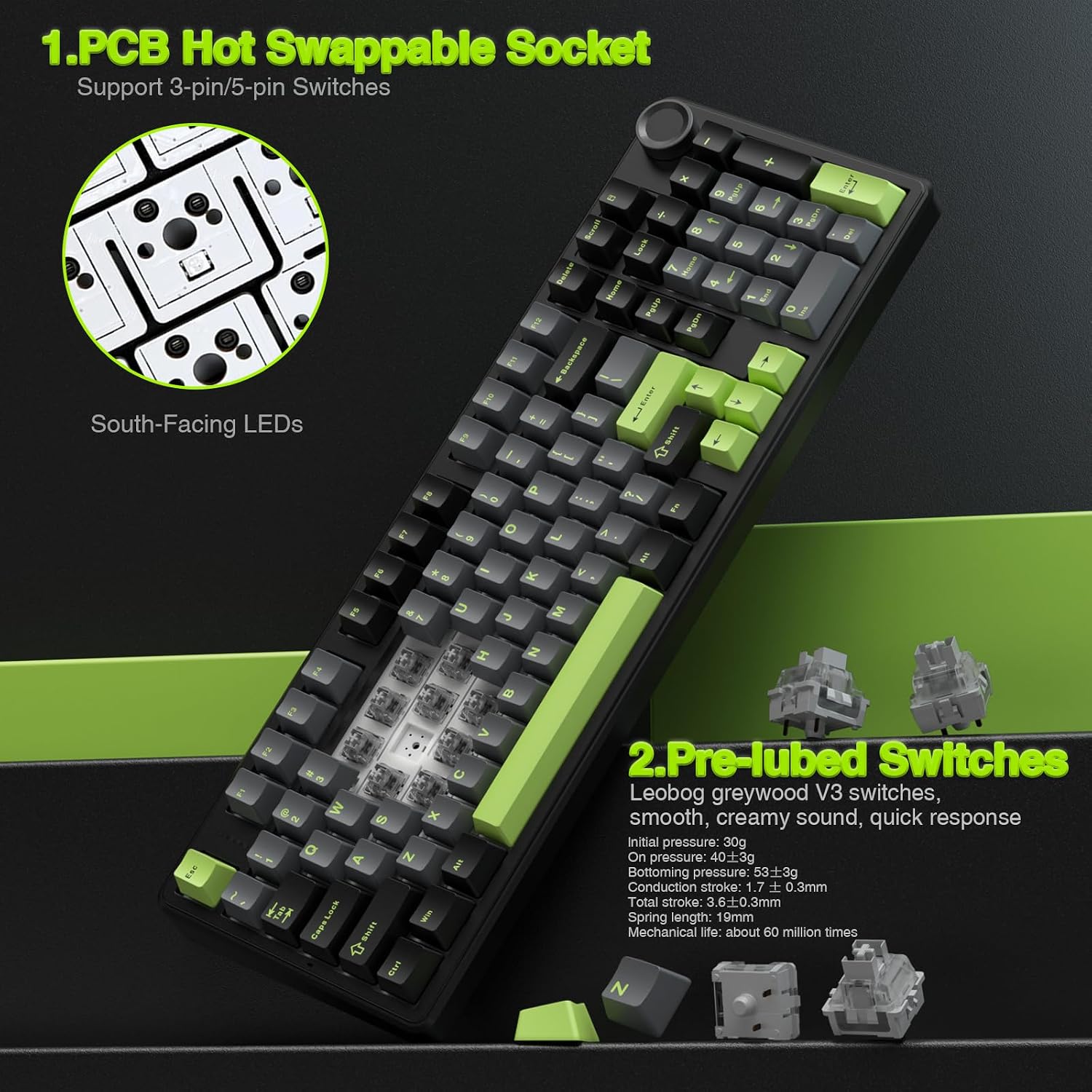 Thumbnail 6 de AULA F99 Pro Wireless Mechanical Keyboard with Knob (Tri-Mode BT5.0/2.4GHz/USB-C, Hot-Swappable) — Creamy Sound + RGB