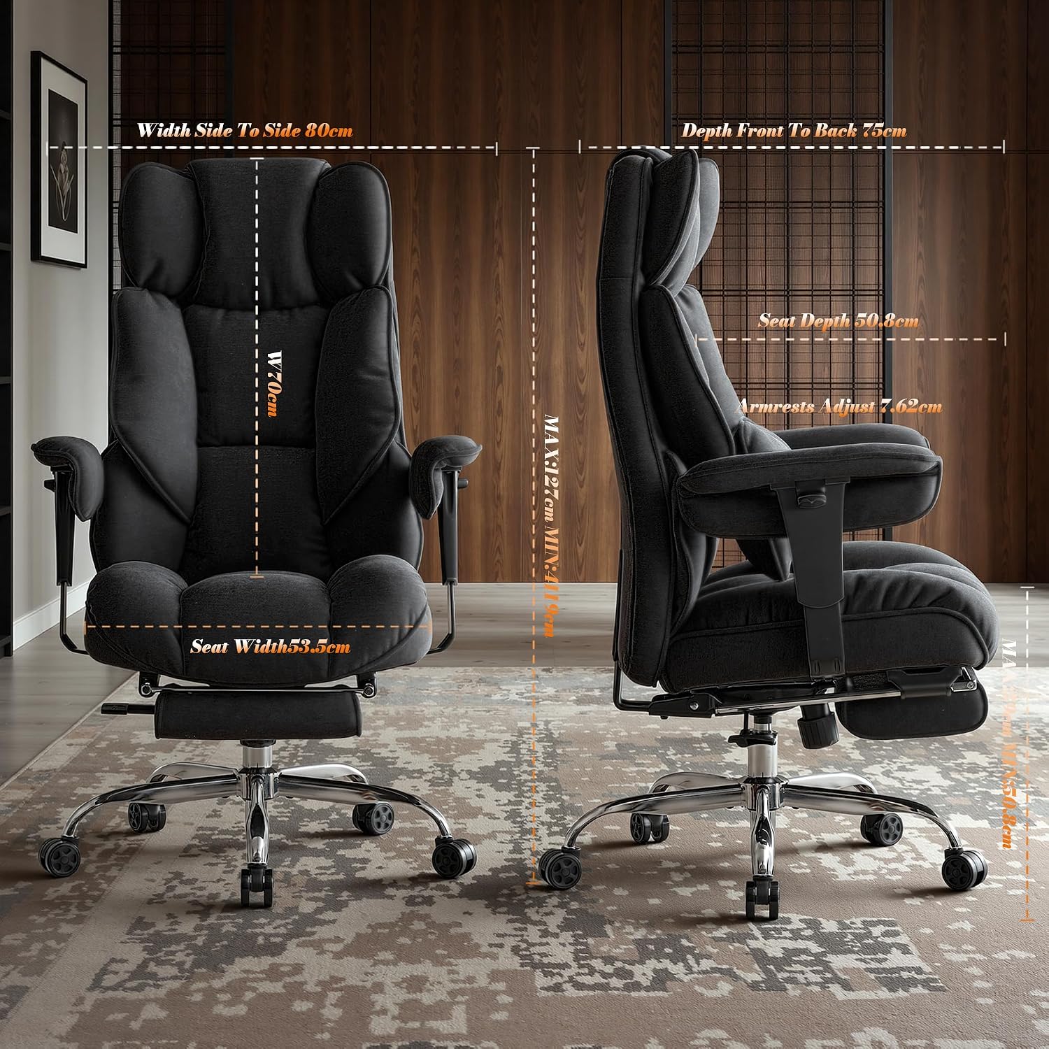 Thumbnail 6 de Efomao Big and Tall Office Chair (200kg) with Footrest – heavy duty executive desk chair in black