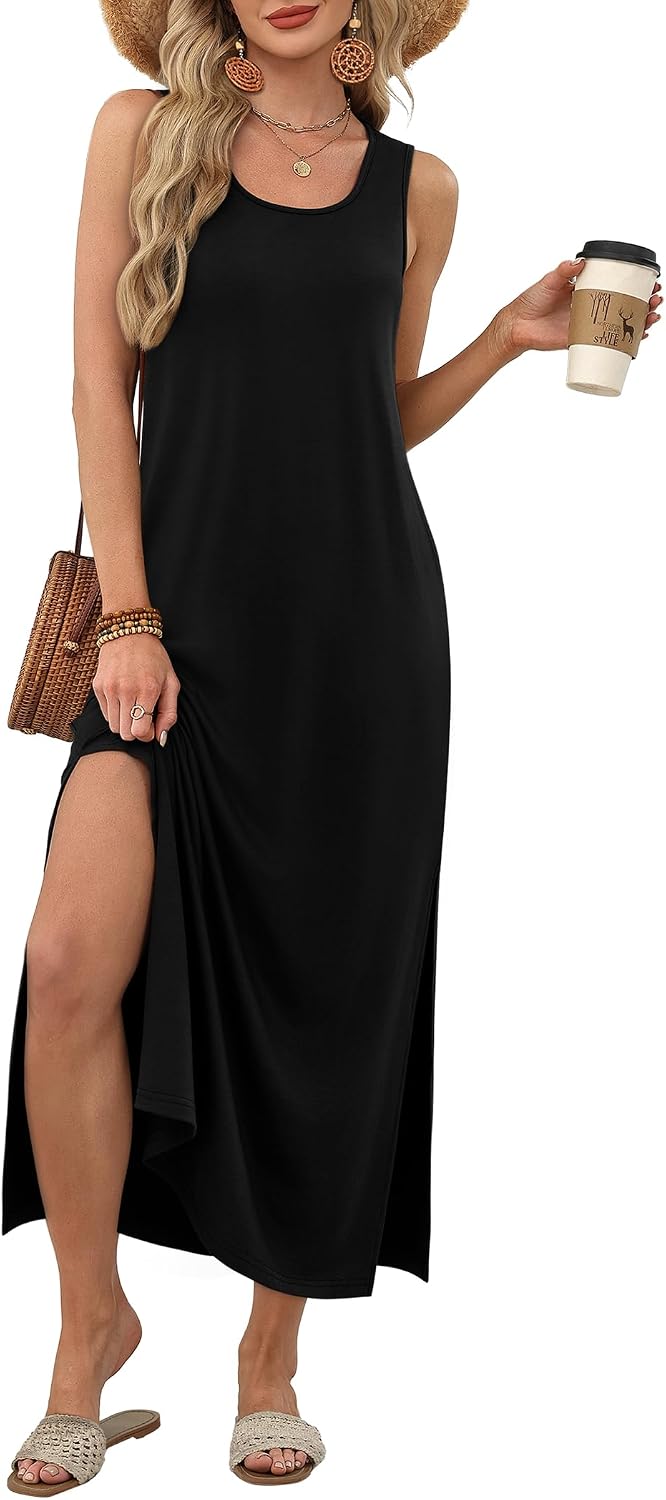 Detalle de WIHOLL Maxi Dress Summer Dresses 2026 – BeachVacation Ready, Sleeveless Sundress with Pockets