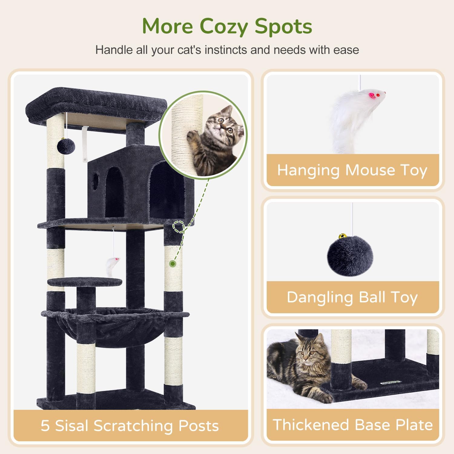 Detalle de Globlazer F53 Cat Tree Tower, 5 Levels, Sisal Posts and Plush Resting Spots