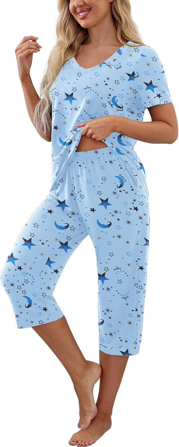 Thumbnail 2 de PrinStory Women's Pajama Set Short Sleeve Shirt and Capri Pants Sleepwear with Pockets