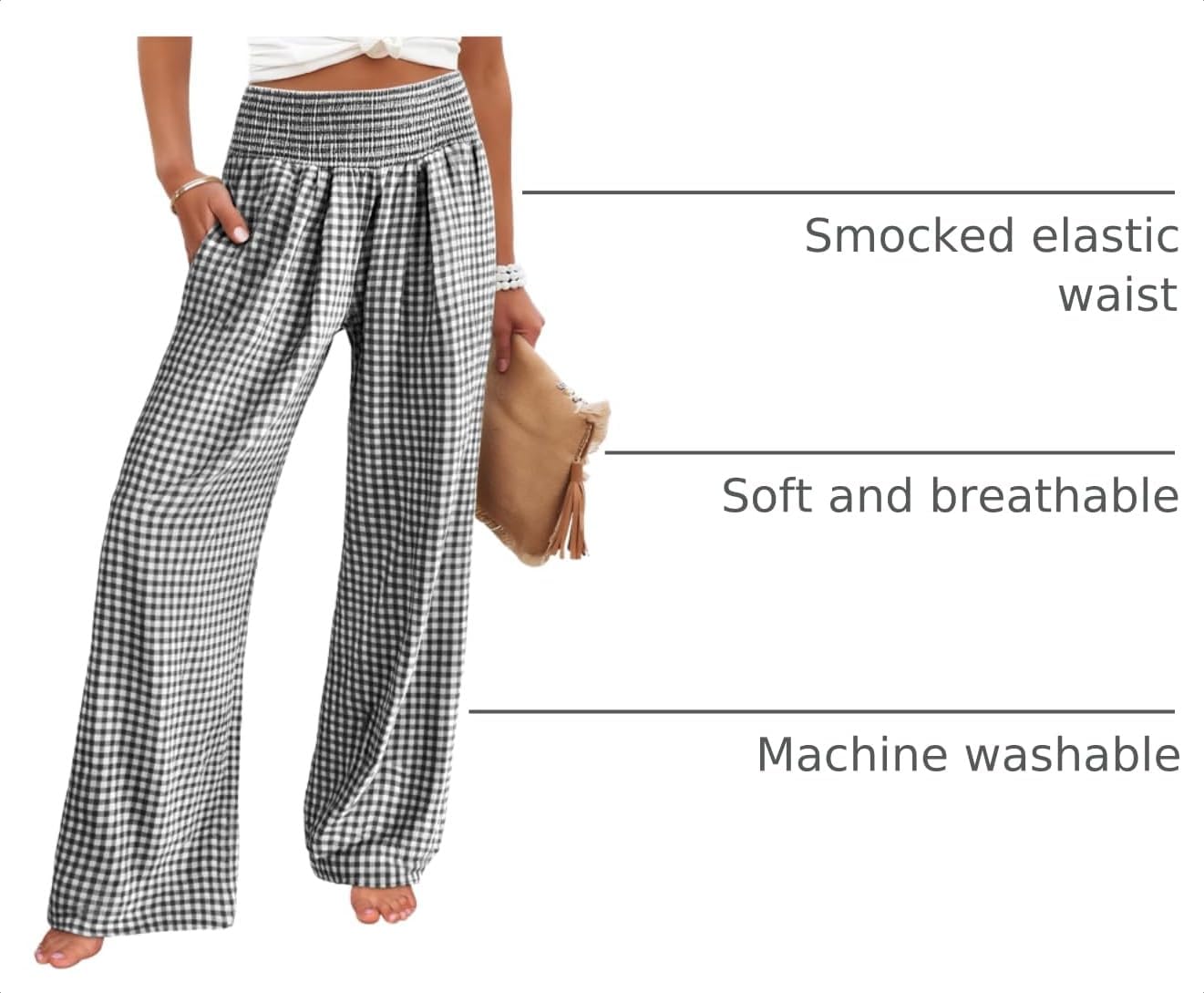 Detalle 2 de ANRABESS Women’s Gingham-Check Palazzo Pajama Pants with High-Waist Smocked Elastic Waist
