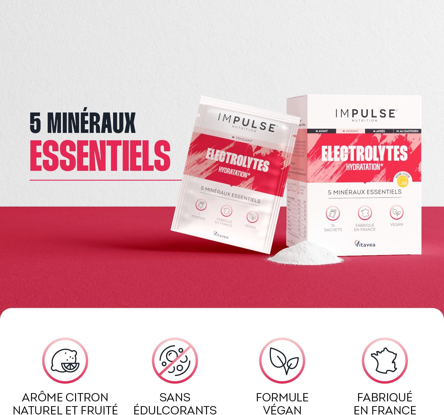 Detalle de Impulse Nutrition Électrolytes Poudre Citron – Hydratation, Énergie et Endurance (15 sachets)