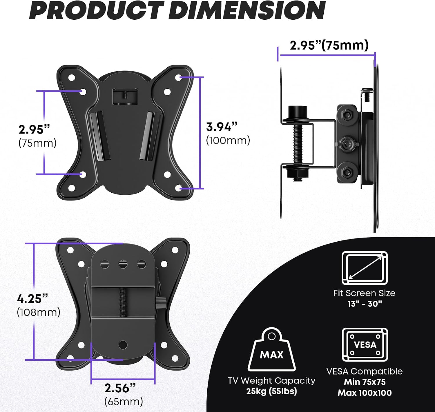 Detalle de PUTORSEN 13–30 Zoll TV-Wandhalterung schwenkbar & neigbar (bis 25 kg, VESA 75x75/100x100)