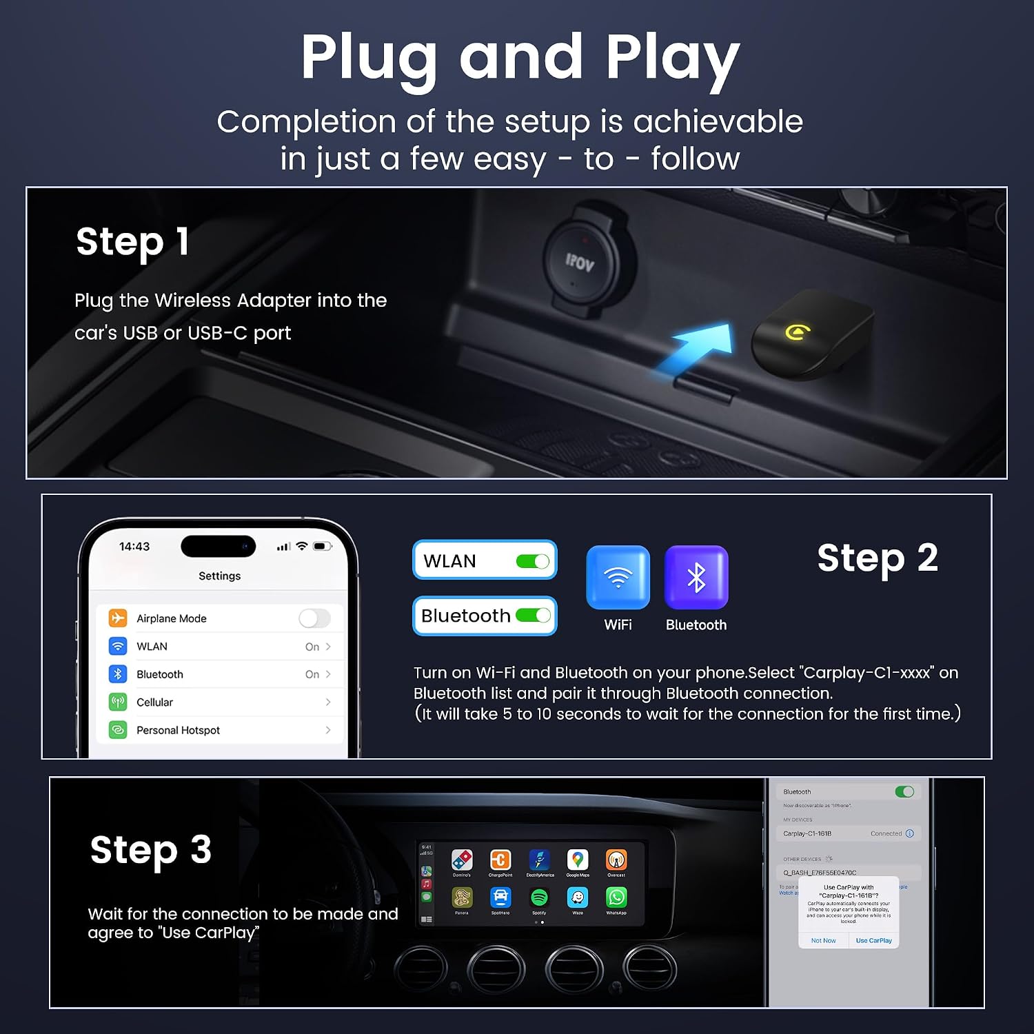 Detalle de Lincisoonic C1 Wireless CarPlay Adapter, Mini Design, USB-A/USB-C