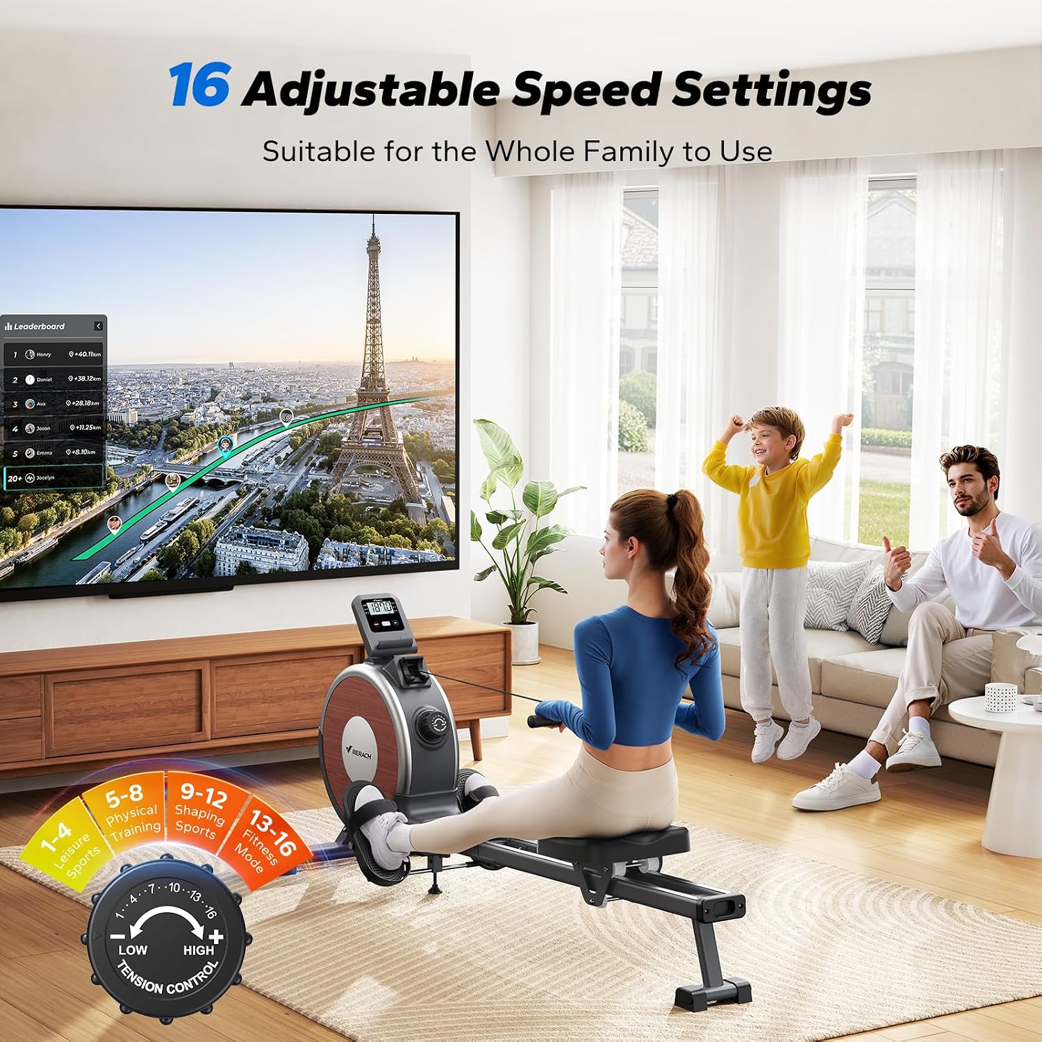 Detalle de MERACH Q1S Magnetic Rowing Machine: Quiet Home Rowing with Dual Rails and App Integration