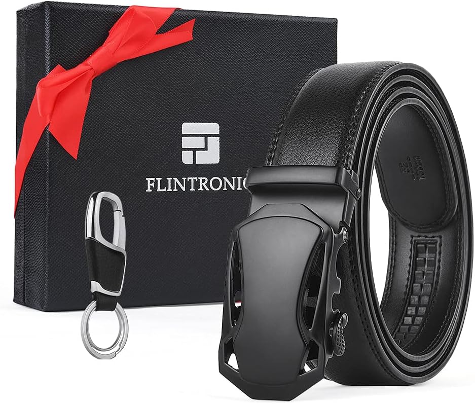 Thumbnail 5 de flintronic Herren Gürtel – Echtes Leder, automatische Ratchet-Schnalle, 3,5 cm Breite, 130 cm Länge, Schwarz