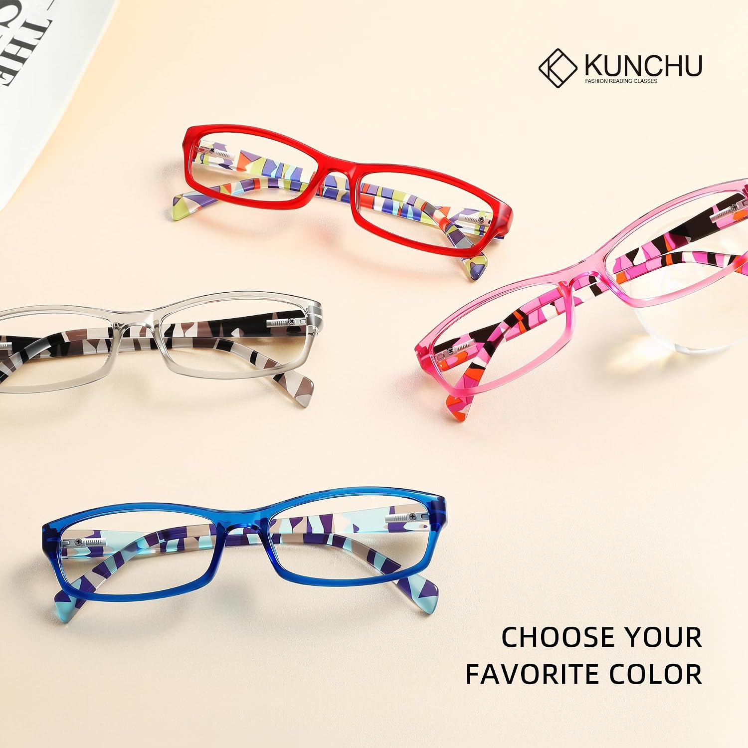 Detalle de kunchu 5Pack Reading Glasses for Women — Blue Light Blocking, Spring Hinge, Anti-Glare UV Readers