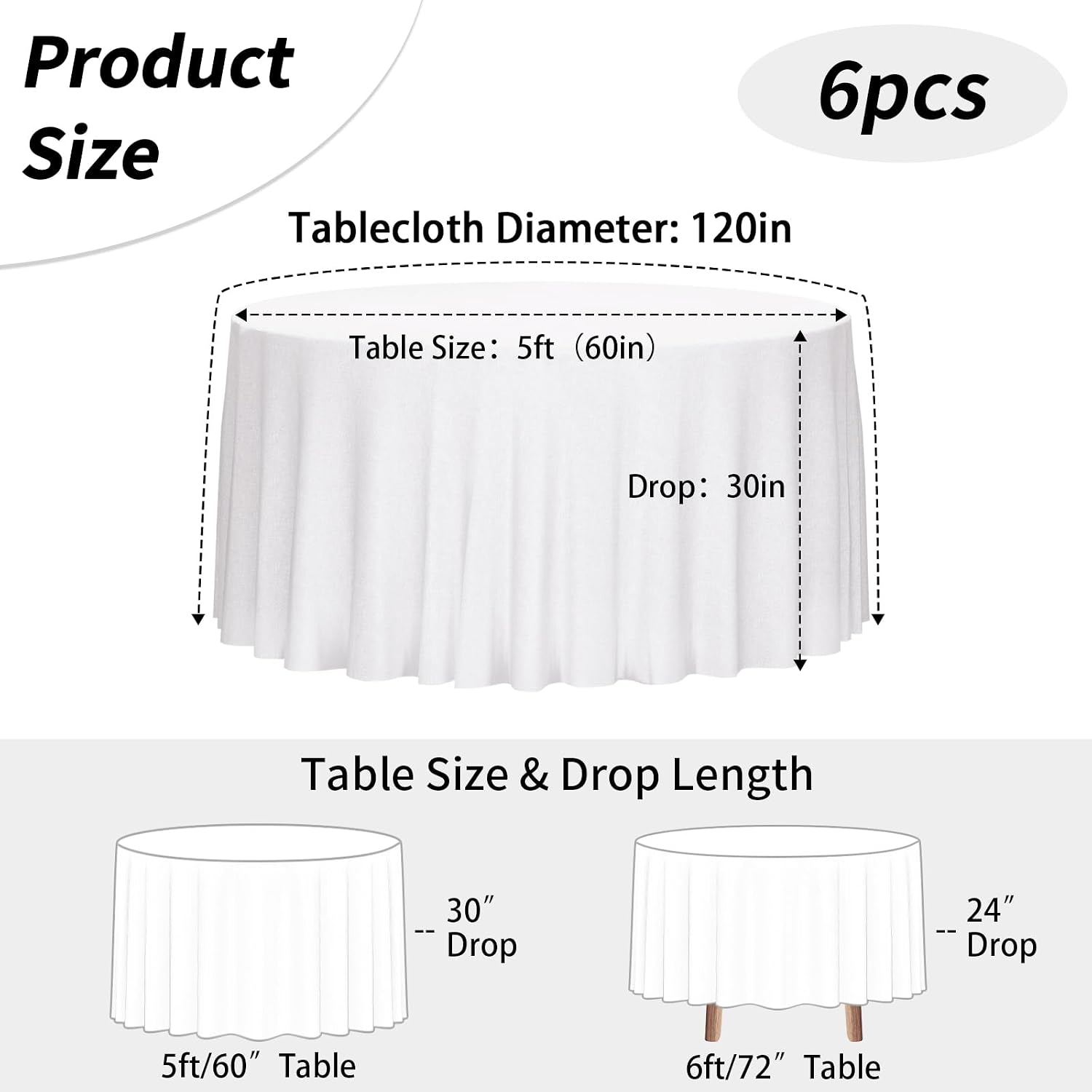 Detalle de Fixwal 6-Pack White Round Tablecloth, 120-Inch - Premium Polyester, Washable and Fade-Resistant