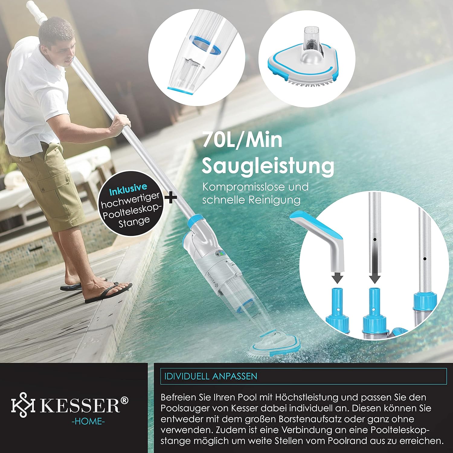 Thumbnail 5 de KESSER Poolsauger mit Akku – kabellos, 3,6 m Teleskopstange, 2-Geschwindigkeiten, Filtermix und Cover