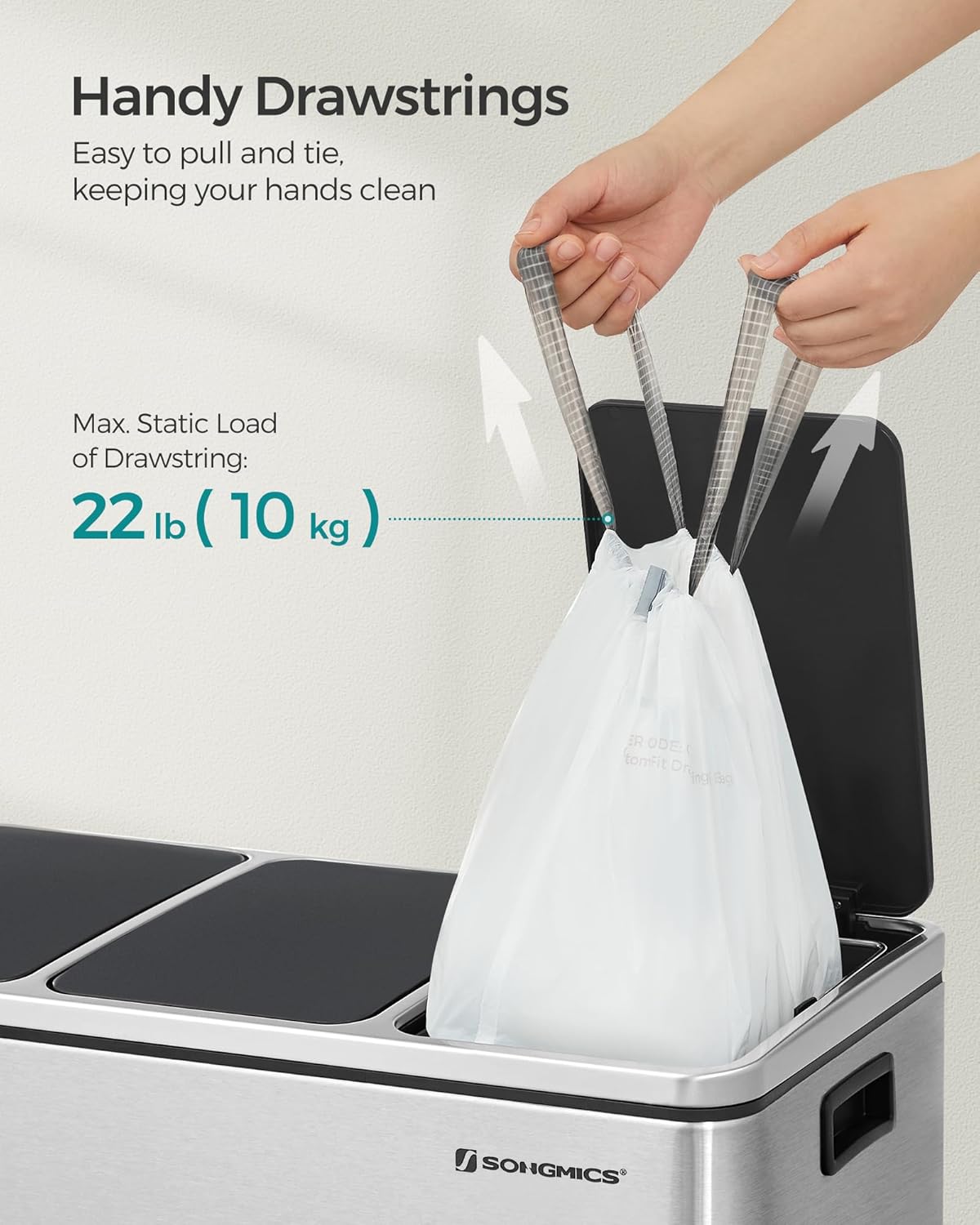 Detalle de SONGMICS Heavy-Duty Bin Bags with Drawstring for 15–20L Kitchen Bins (KRB020A03), Pre-Separated Rolls