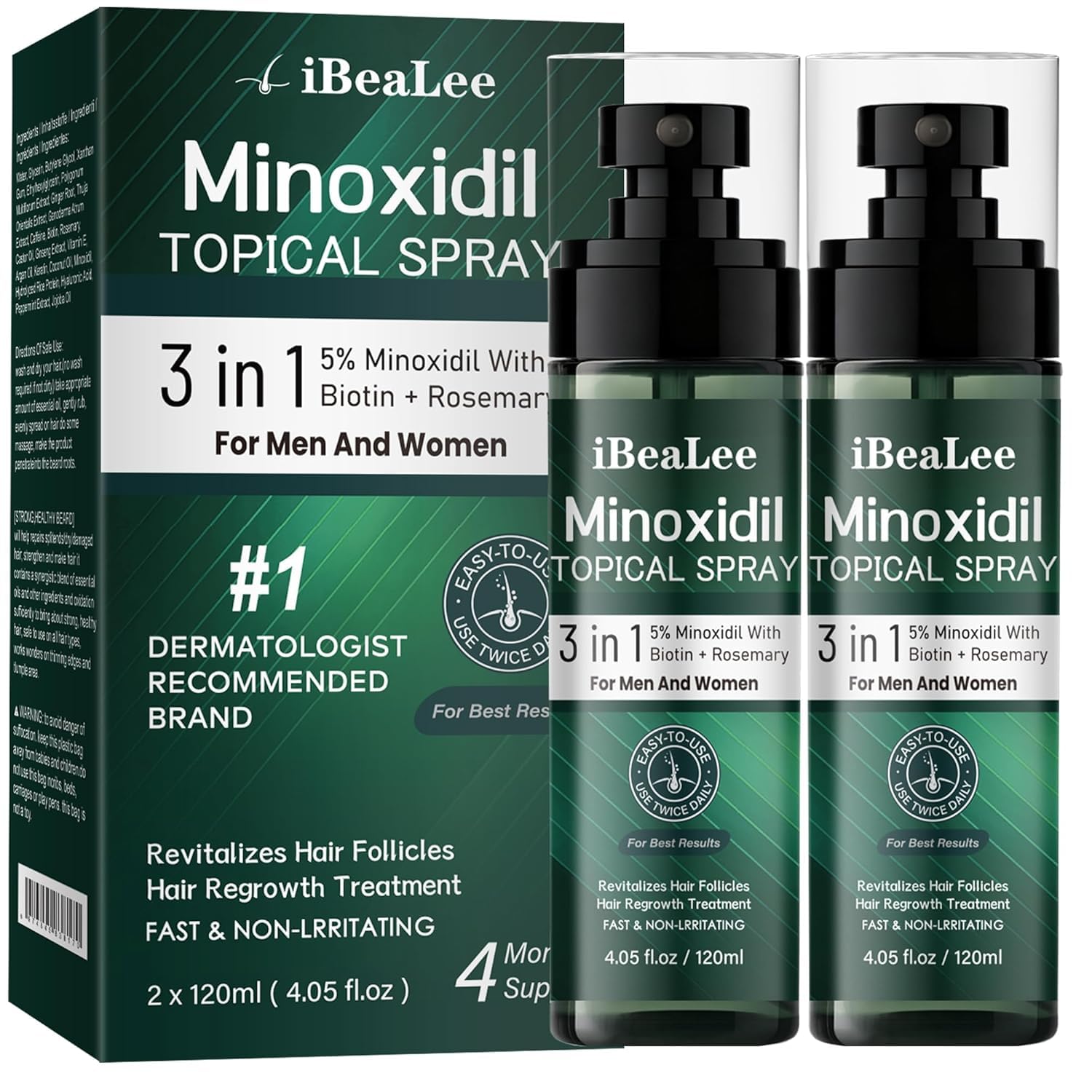Detalle de OURMUST 5% Minoxidil Hair Regrowth Spray, 2 Bottles with Biotin & Rosemary