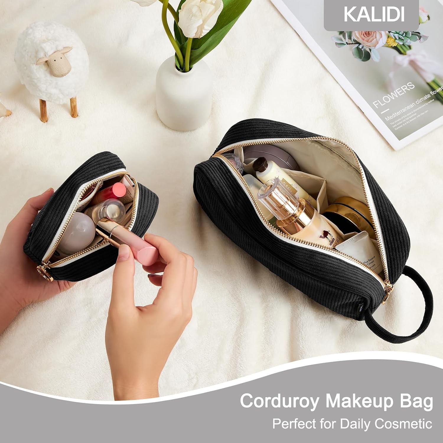 Thumbnail 3 de KALIDI Mini Corduroy Makeup Bag for Women – Small, Portable Cosmetic Pouch with Metal Ring Zipper