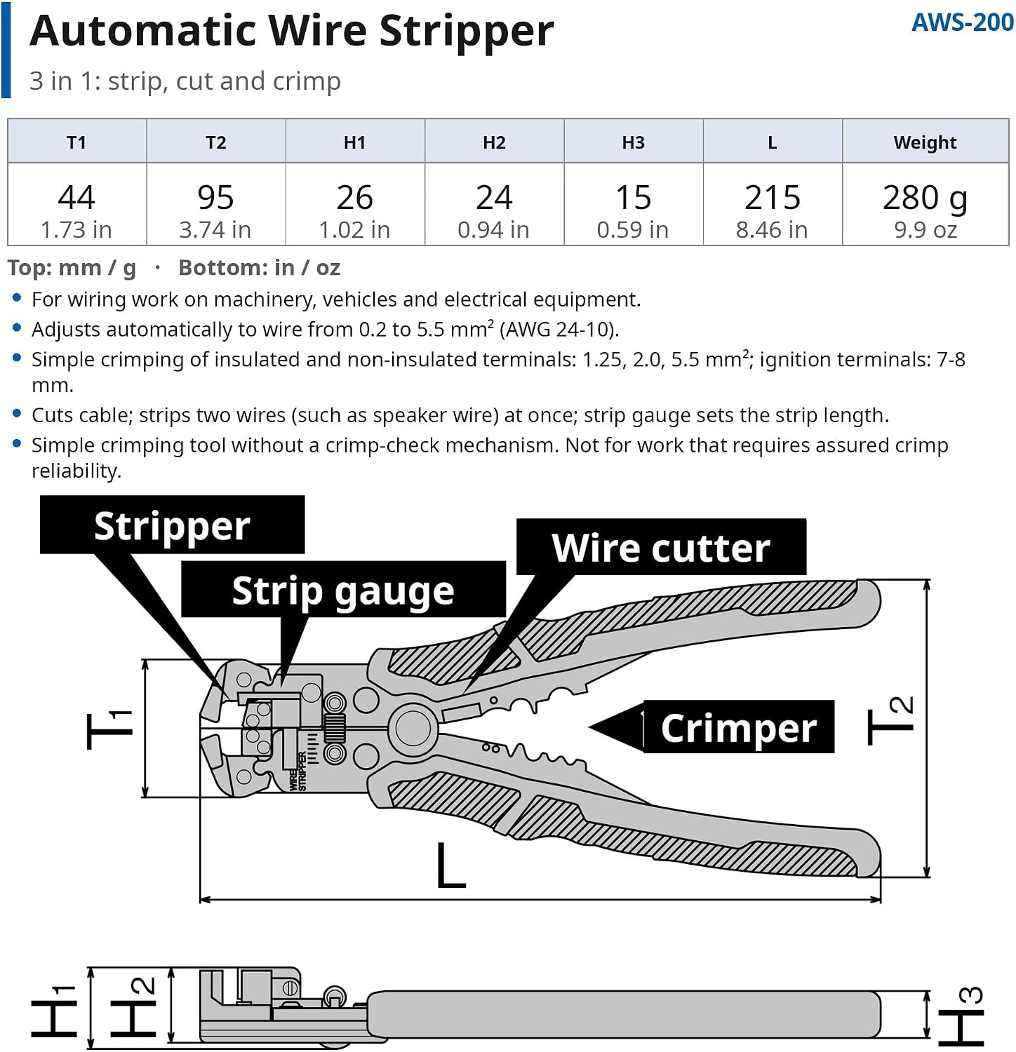 Detalle 1 de トネ(TONE) AWS-200 オートワイヤーストリッパー レッド、切断・圧着対応、剥離長さ調節ゲージ付