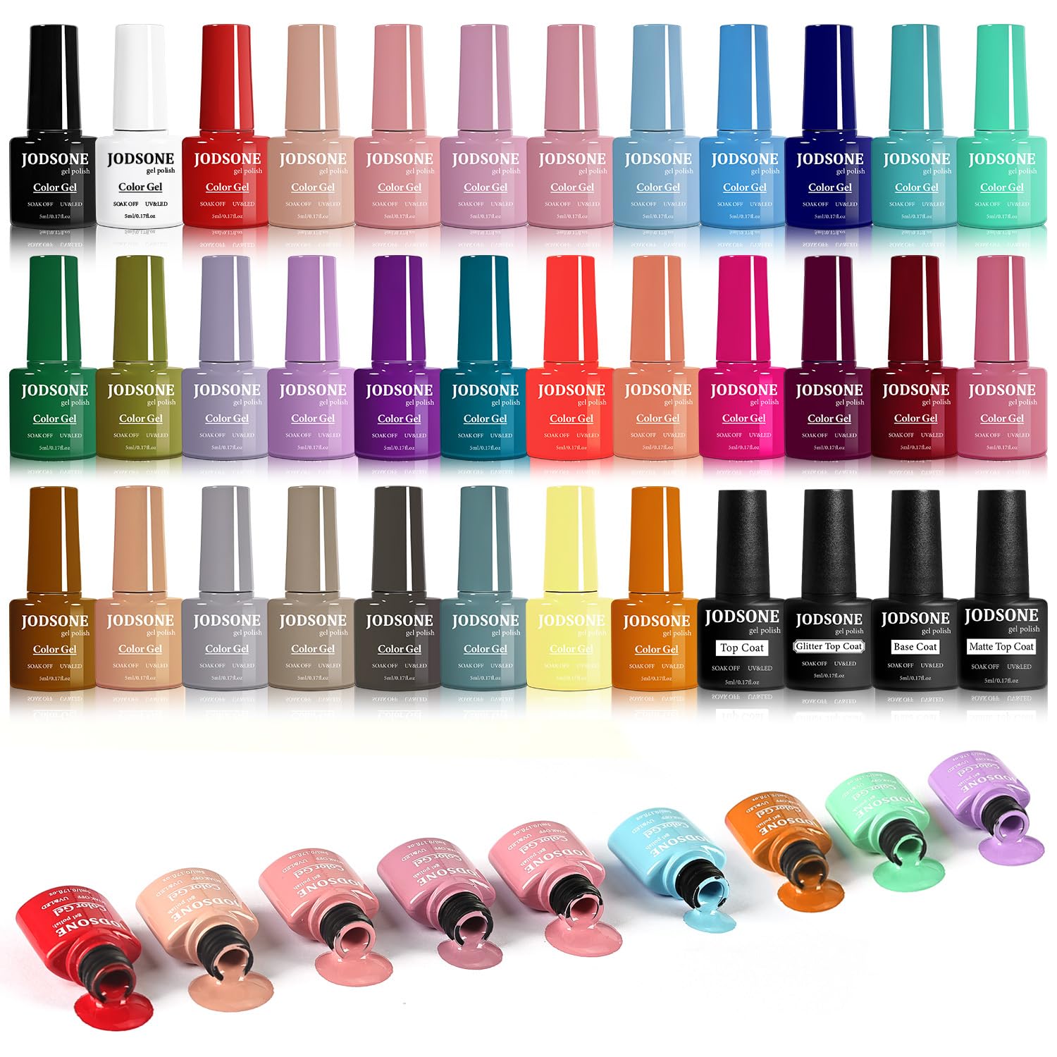 Detalle de JODSONE 30 Farben Gel-Nagellack-Set mit 6 Funktionsgelen (Base, Top, Matt) – für ein einheitliches Farbergebnis