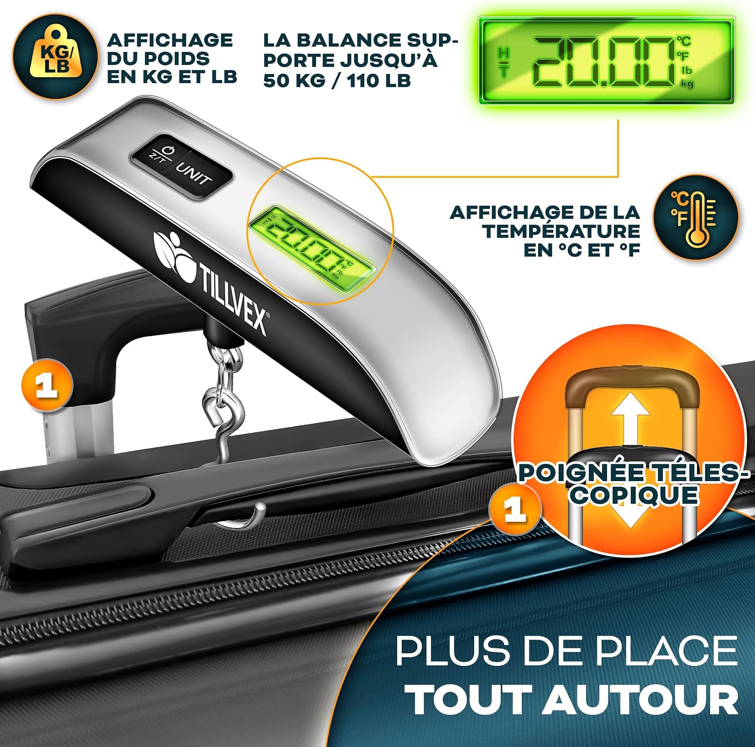 Detalle 2 de Set tillvex® de 4 valises rigides avec roulettes + balance, sangles et étiquettes (S/M/L/XL) gris/anthracite