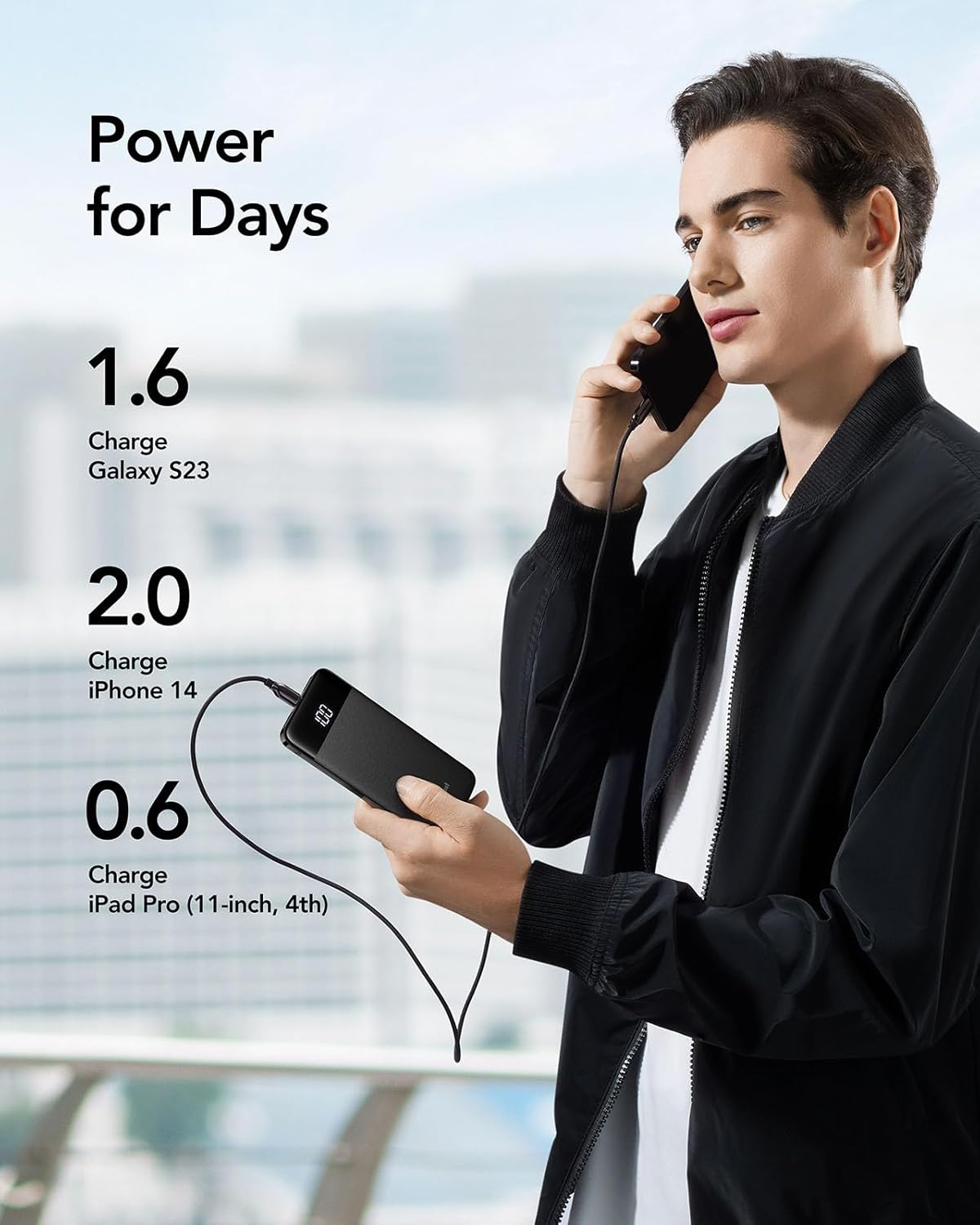 Thumbnail 3 de Power Bank 10400 mAh con USB-C: batteria esterna portatile con display LED e 2 ingressi, 3 uscite (nero)