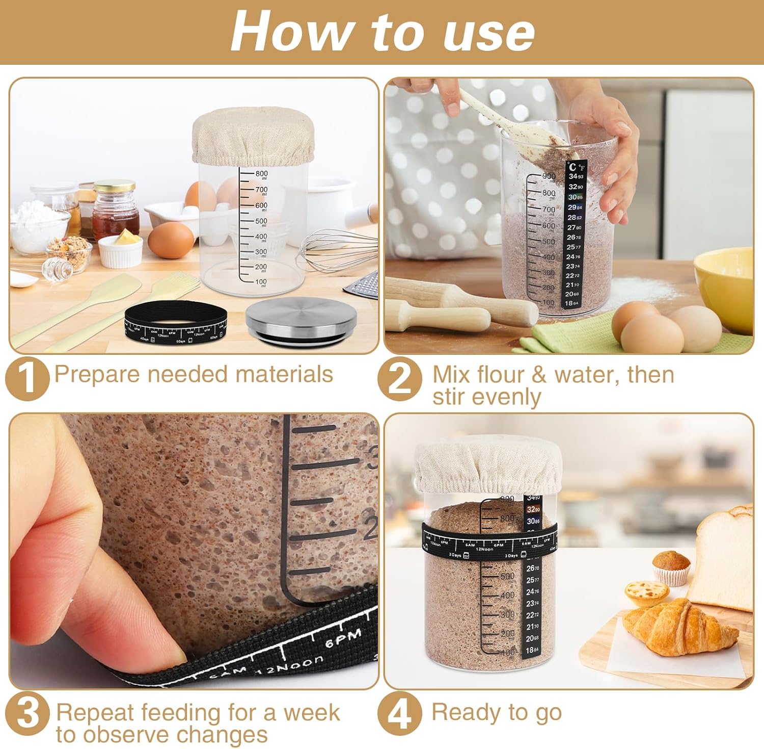 Detalle 2 de SSYR&P Sauerteig-Starter set mit Gärglas (650 ml), Thermometer und Abdeckung – Brot- und Pizzateig-Startset