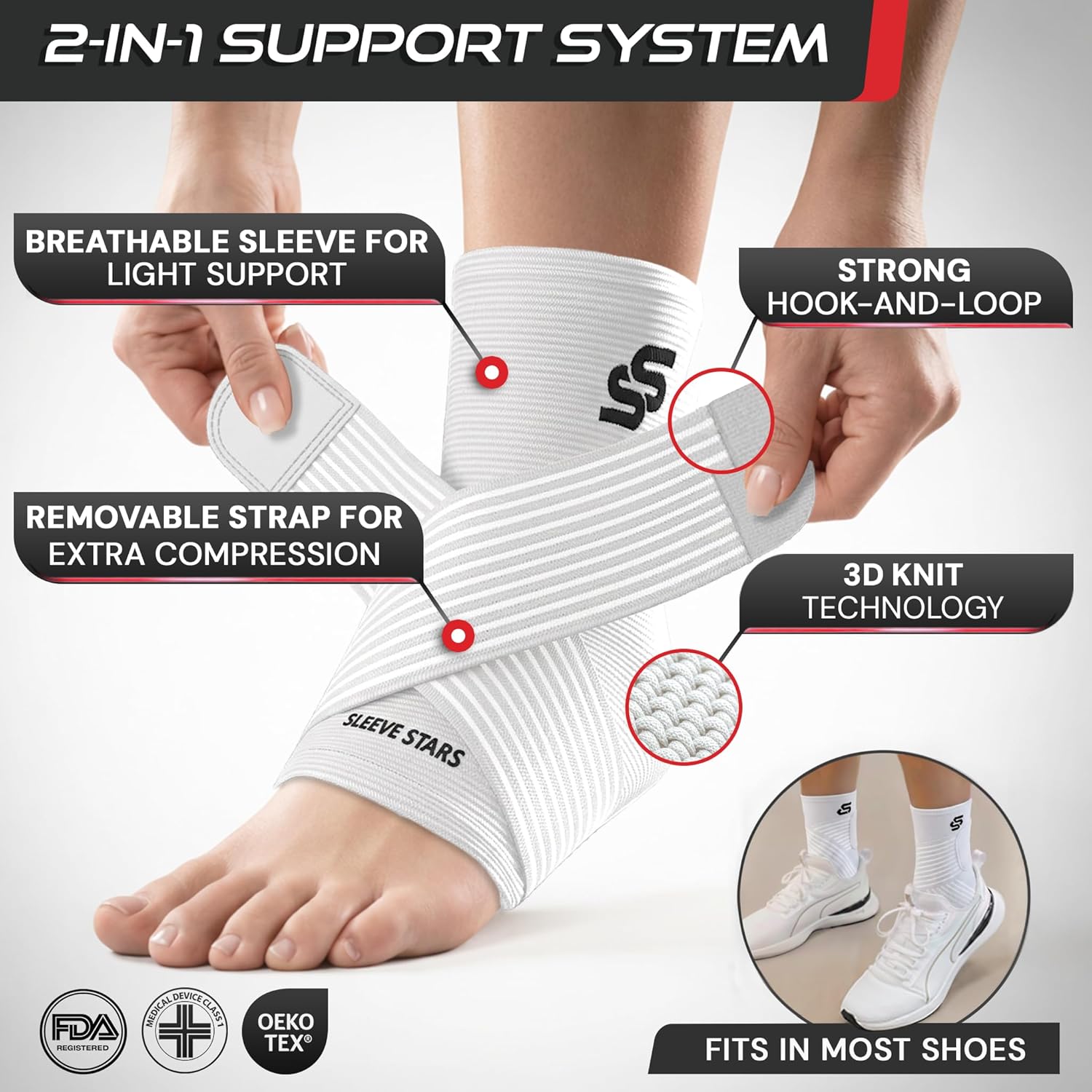 Thumbnail 2 de Sleeve Stars Ankle Brace with Removable Strap – Adjustable Compression for Sprains and Plantar Fasciitis (Pair, Medium: 10-12", White)